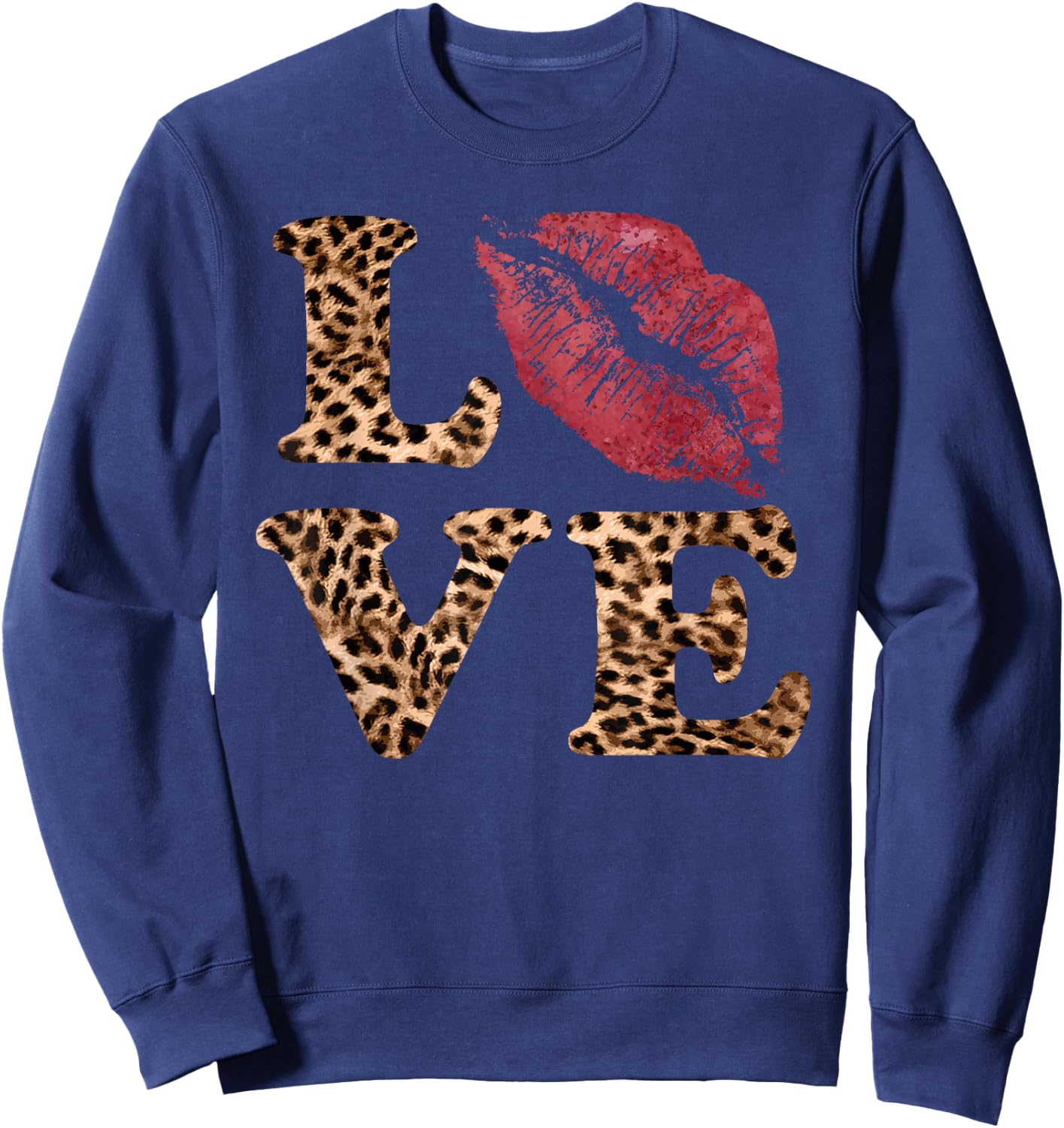 Leopard Print LOVE Red Lips Word Letter Cute Valentine Sweatshirt - Sweatshirt | Navy