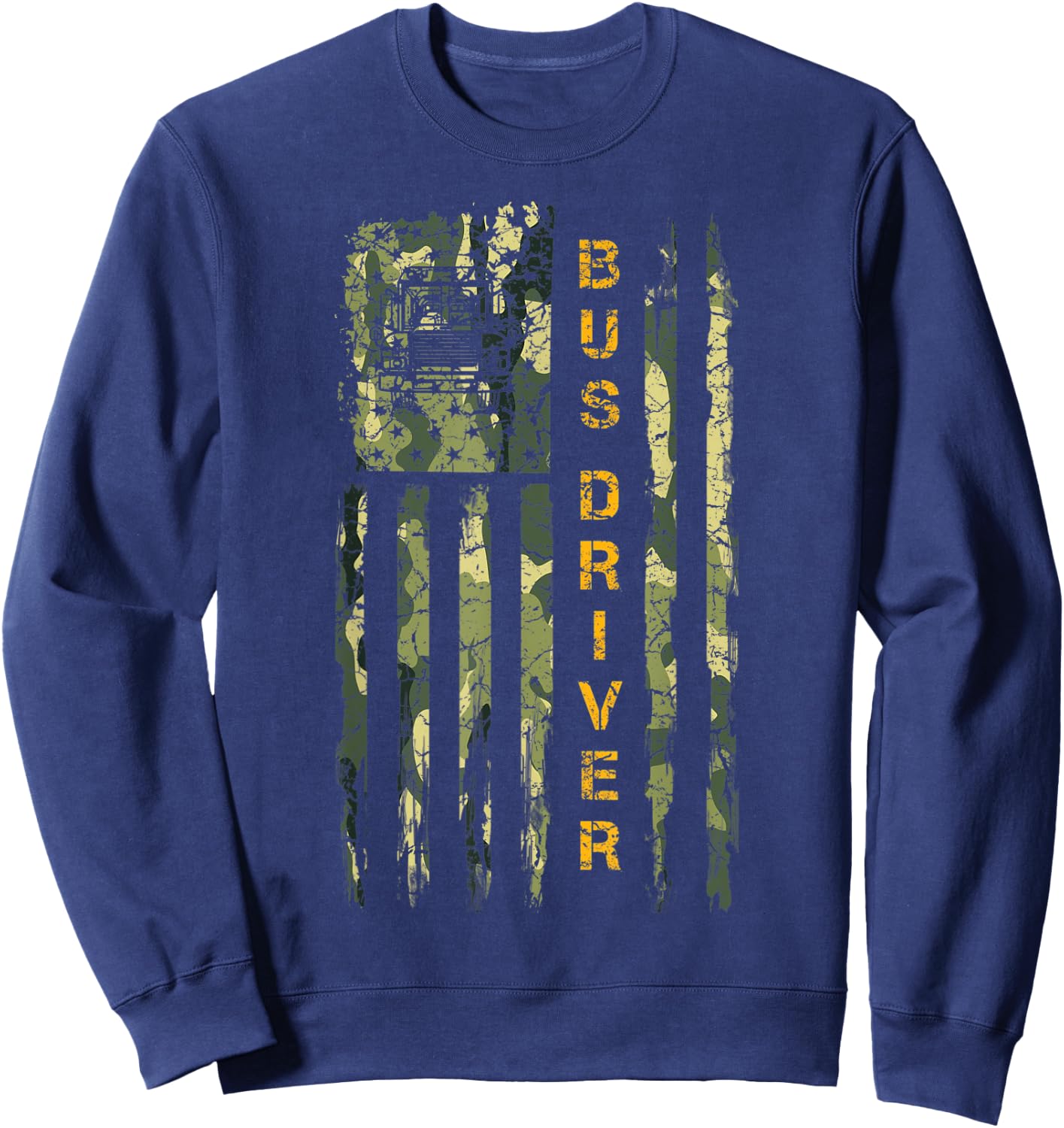 Vintage US Camo Flag School Bus Driver Silhouette Distressed Sweatshirt - Sweatshirt | Navy