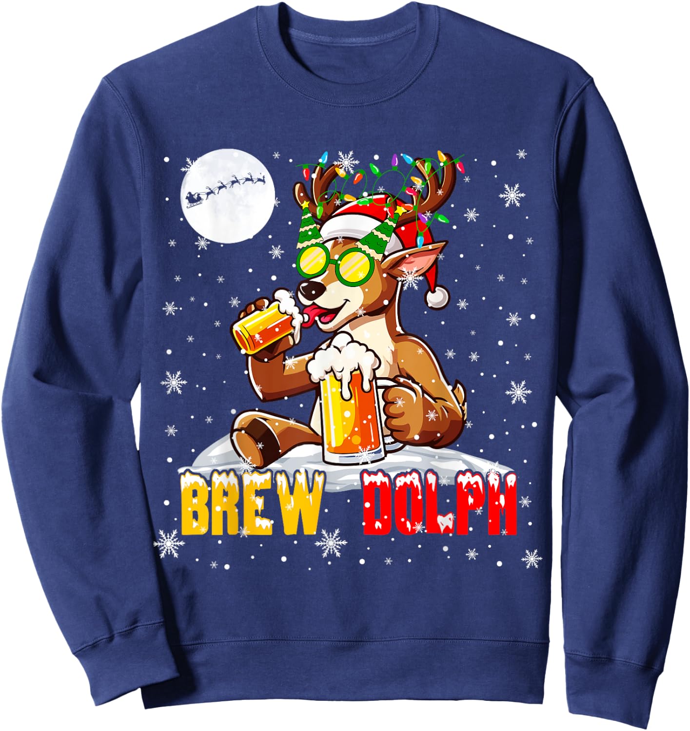 Brew Dolph Funny Reindeer Sunglasses Xmas Tree Drinking Beer Sweatshirt - Sweatshirt | Navy