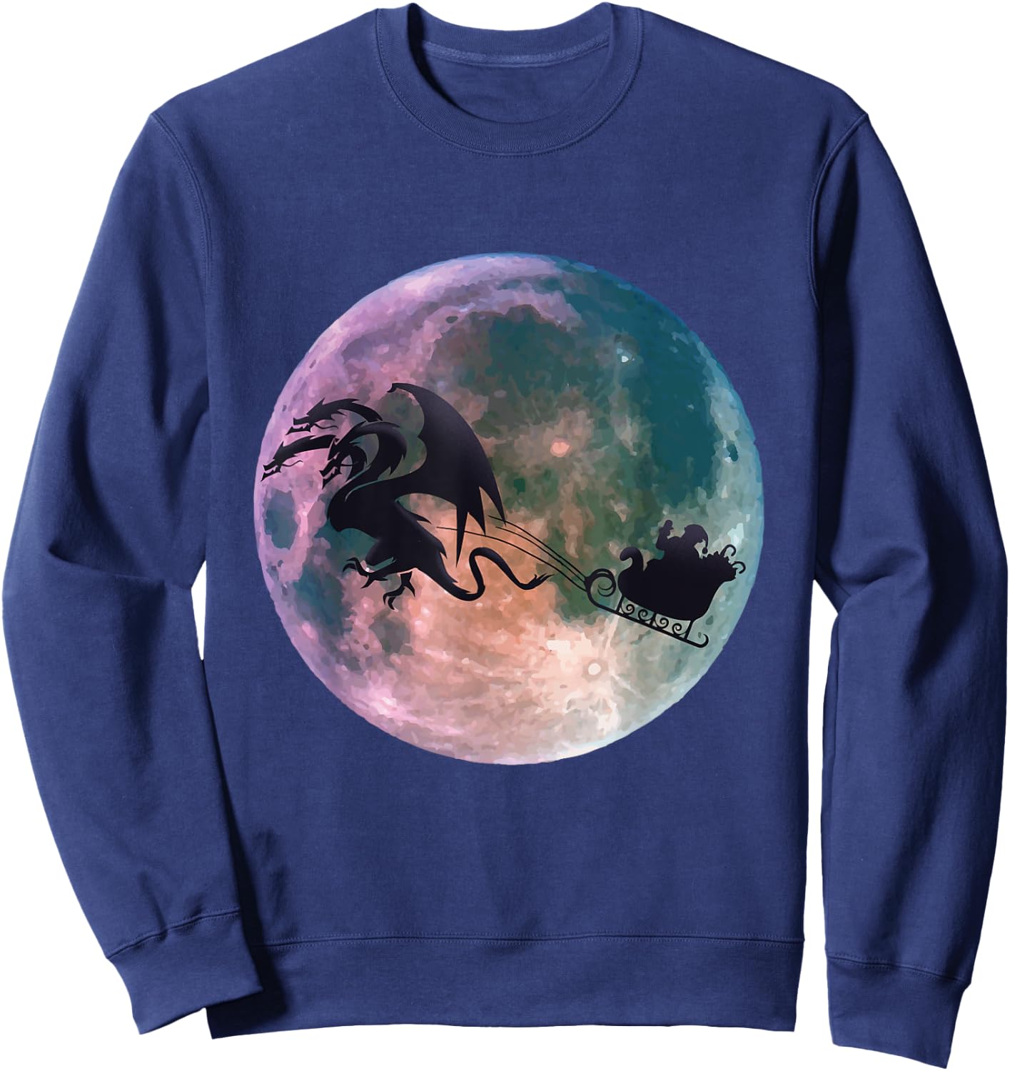 Christmas Santa Claus Flying Past the Moon With Dragon Gift Sweatshirt - Sweatshirt | Navy