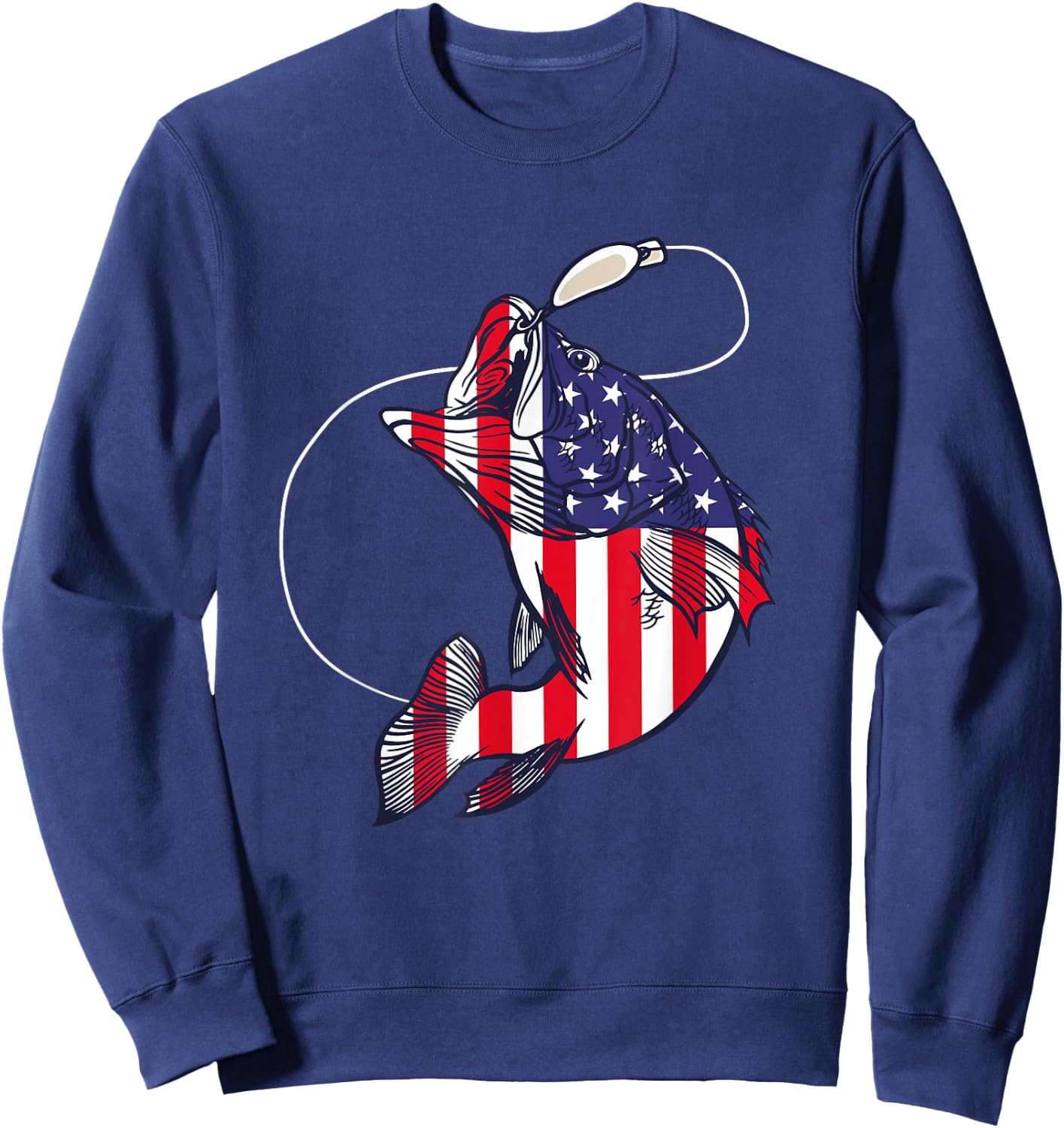Bass Fishing Fish American Flag Patriotic Fourth of July Sweatshirt - Sweatshirt | Navy