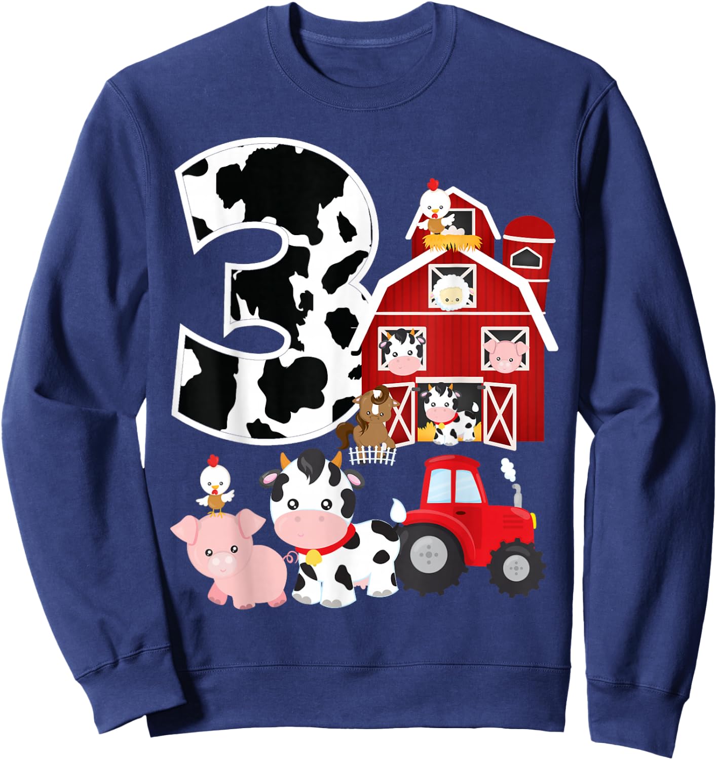 Farm Barnyard Theme Pig Cow Horse 3rd Birthday 3 Yrs Old Sweatshirt - Sweatshirt | Navy