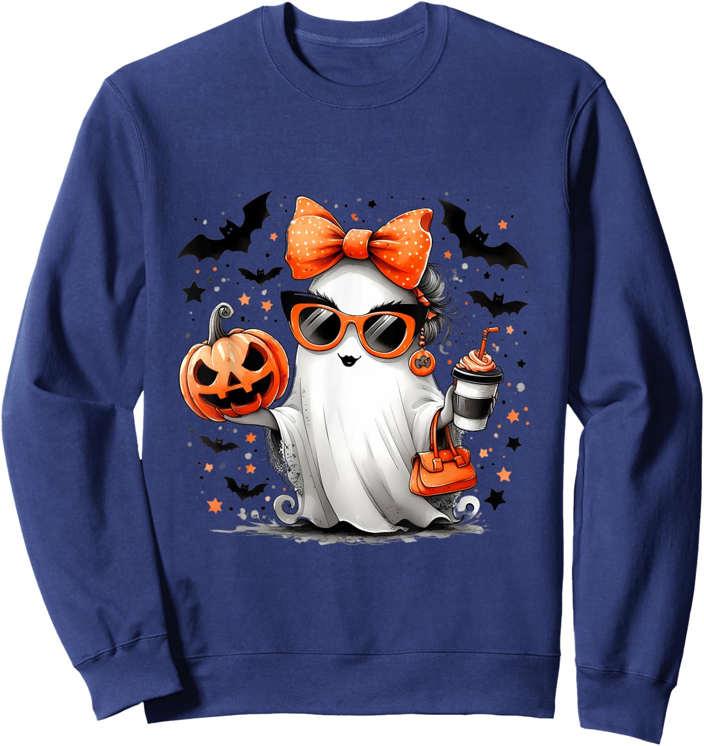 Cute Ghost Halloween Diva Cartoon Sunglasses Handbag Sweatshirt - Sweatshirt | Navy