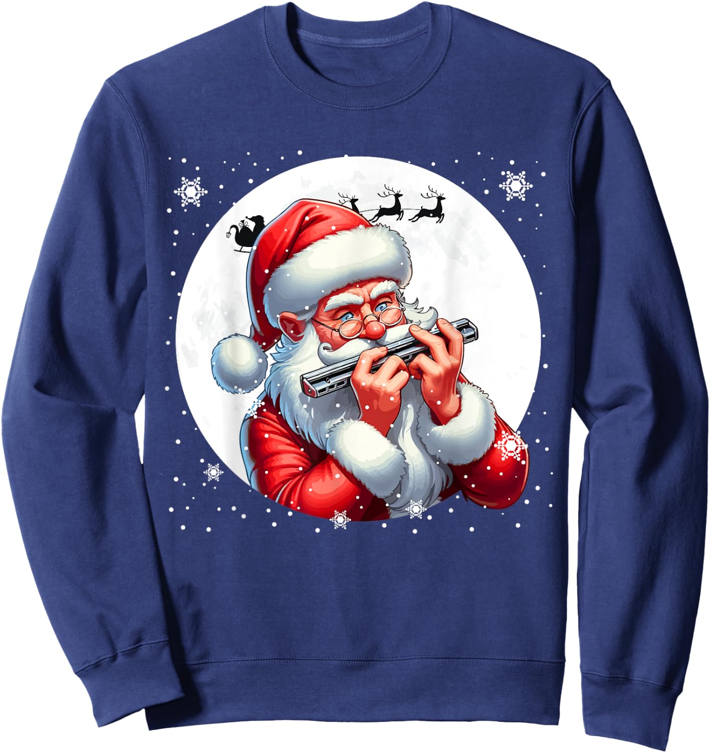 Santa Playing Harmonica Xmas Moon Costume Instrument Music Sweatshirt - Sweatshirt | Navy