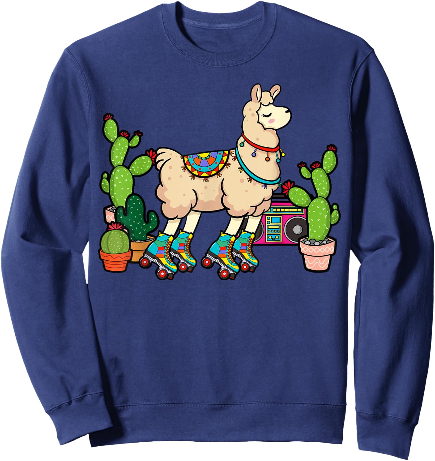 Llama Roller Skates Boombox Ghetto Blaster Vintage 70s Sweatshirt - Sweatshirt | Navy