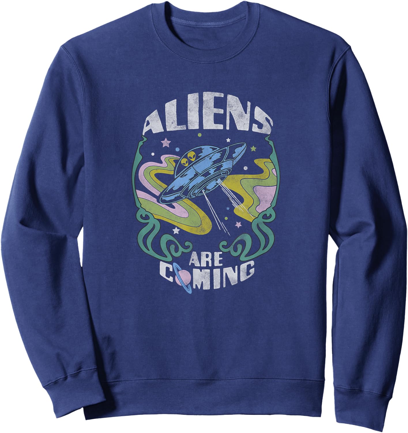 Aliens Are Coming Psychedelic Spaceship Sweatshirt - Sweatshirt | Navy