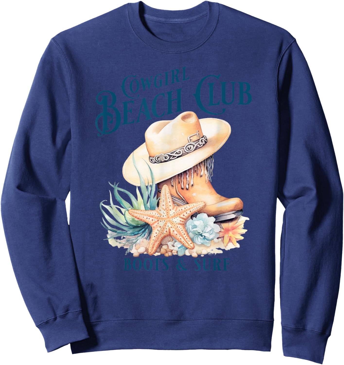 Cowgirl Surf Club, Coastal Boots On The Beach, Beach Cowgirl Sweatshirt - Sweatshirt | Navy