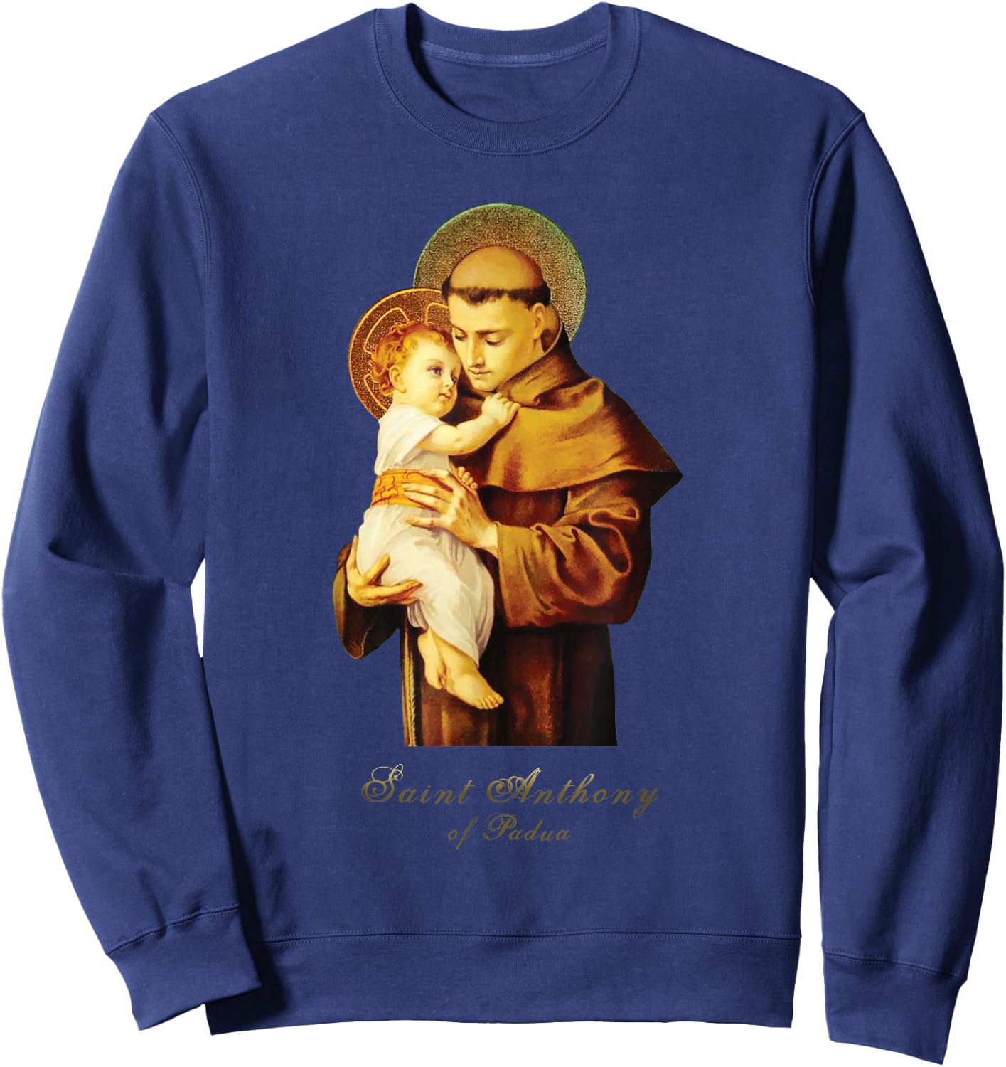 MJ Sacred Art St Anthony of Padua Catholic Saint - Women's Black Short Sleeve Classic Fit Letter Print T Back Collarless - Small Sweatshirt - Sweatshirt | Navy