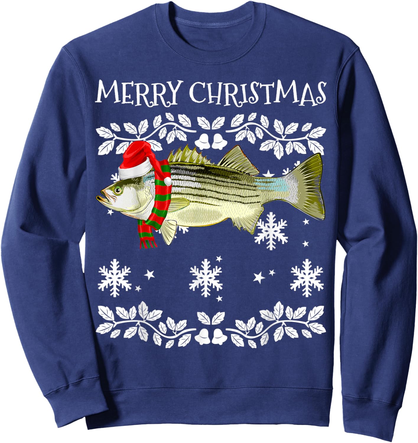 Fish Merry Christmas Ornament Striped Bass Ugly Xmas Sweatshirt - Sweatshirt | Navy