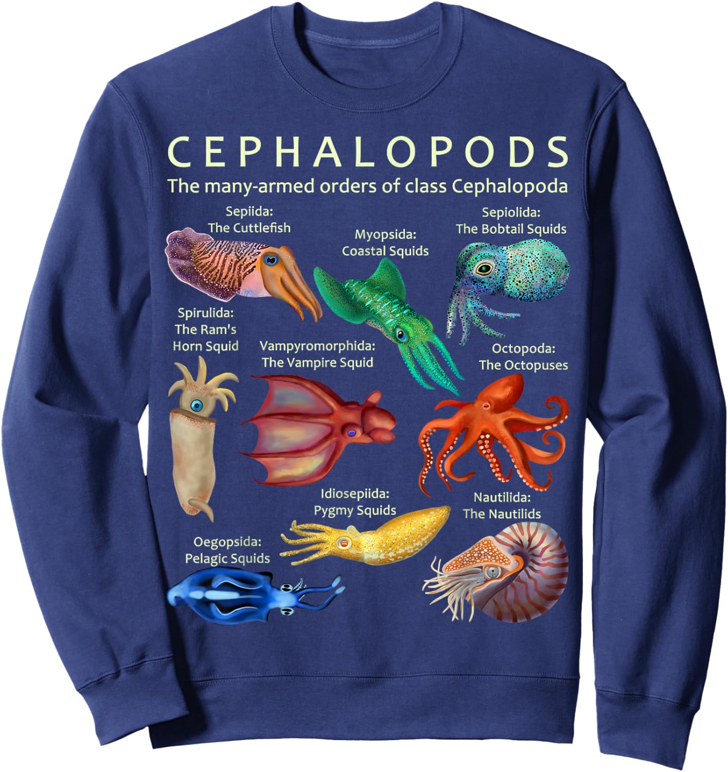 The Cephalopod Octopus Squid Cuttlefish and Nautilus Sweatshirt - Sweatshirt | Navy