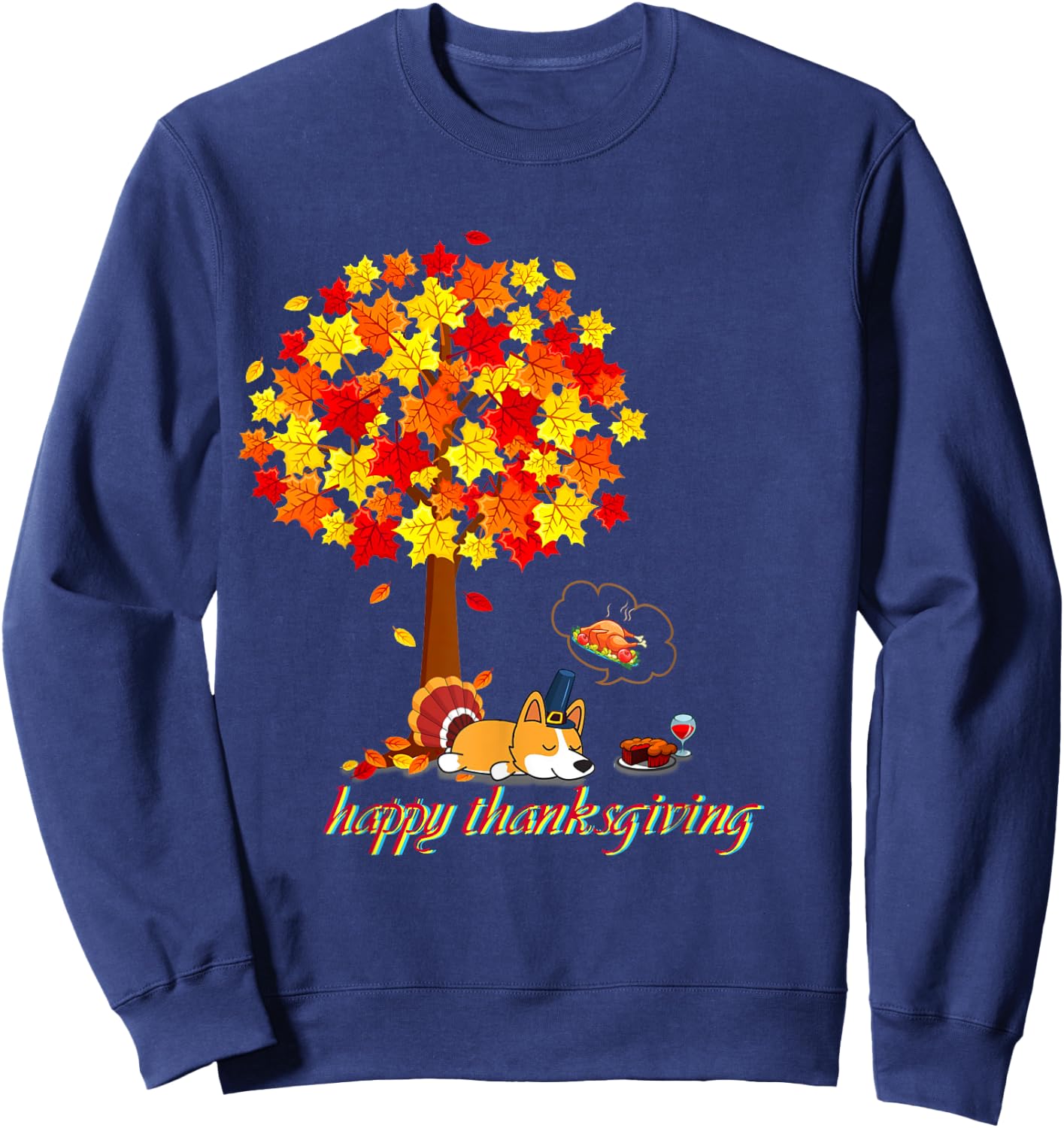 Funny Thanksgiving Corgi Lover Black Thanksgiving-themed Corgi -Adults Small Short Sleeve Cotton 100% Sweatshirt - Sweatshirt | Navy