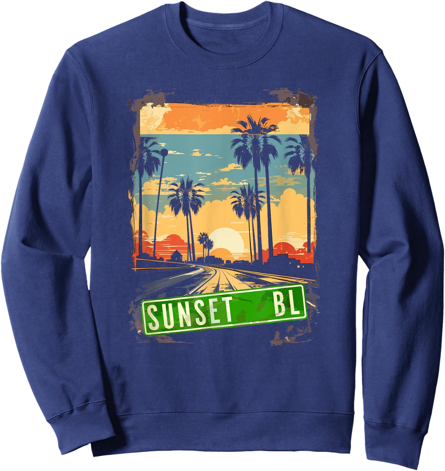 Vintage 80s Sunset Blvd Hollywood Grunge Graphic Sweatshirt - Sweatshirt | Navy