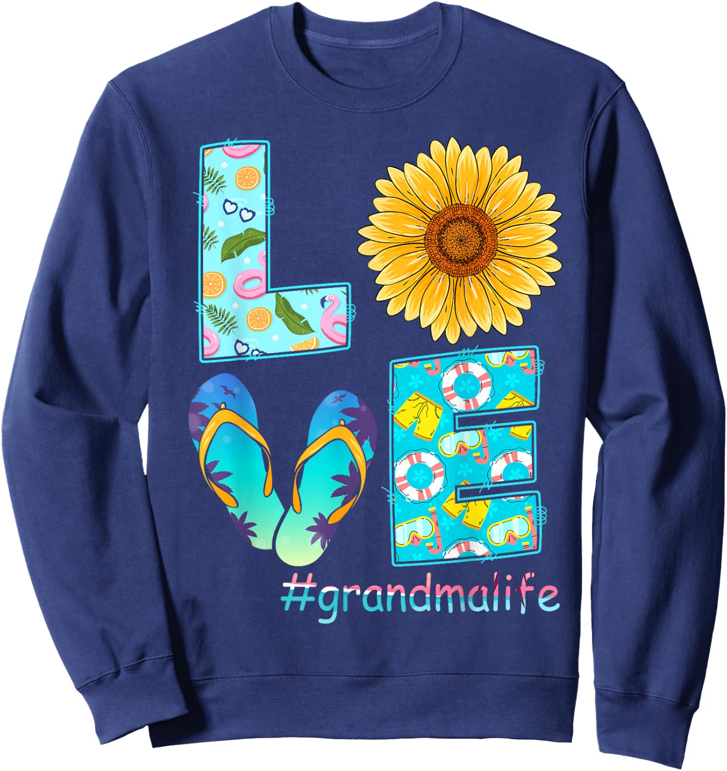 LOVE Grandma Life Flip Flops Hippie Sunflower Summer Women Sweatshirt - Sweatshirt | Navy