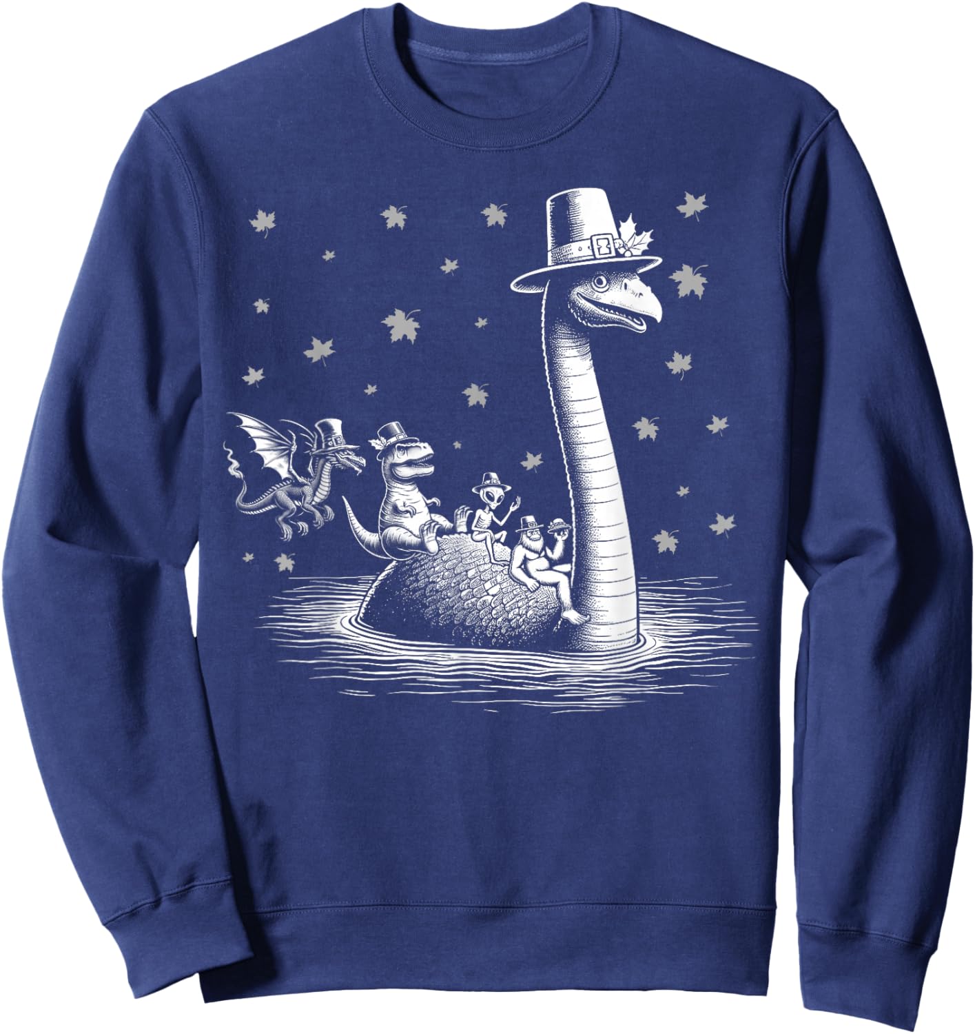 Thanksgiving Bigfoot alien riding loch Ness monster fall Sweatshirt - Sweatshirt | Navy