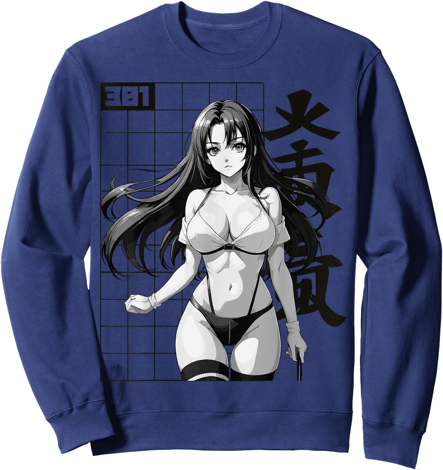 Sexy Waifu Otaku Anime Girl Japanese in Black White Art Sweatshirt - Sweatshirt | Navy