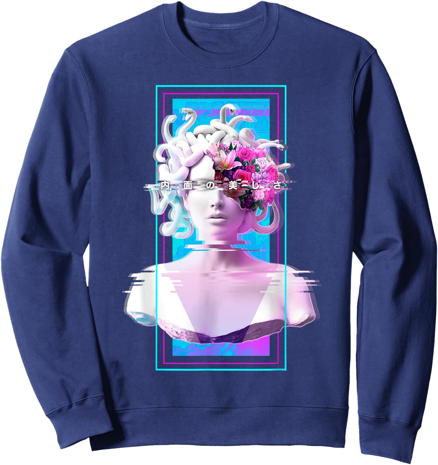 Vaporwave Medusa Statue Aesthetic Art Glitch Japanese Otaku Sweatshirt - Sweatshirt | Navy