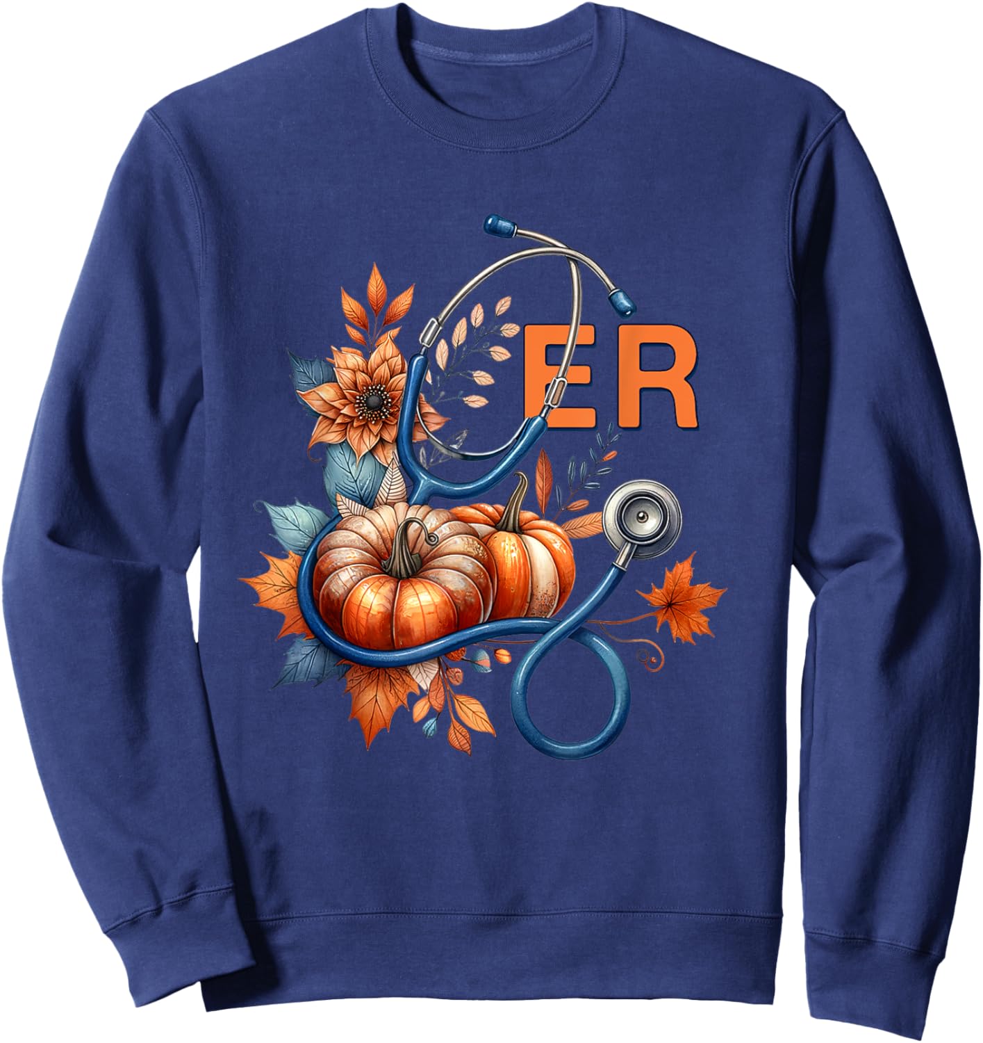 Fall Floral Stethoscope ER Emergency Room Nurse Appreciation Sweatshirt - Sweatshirt | Navy