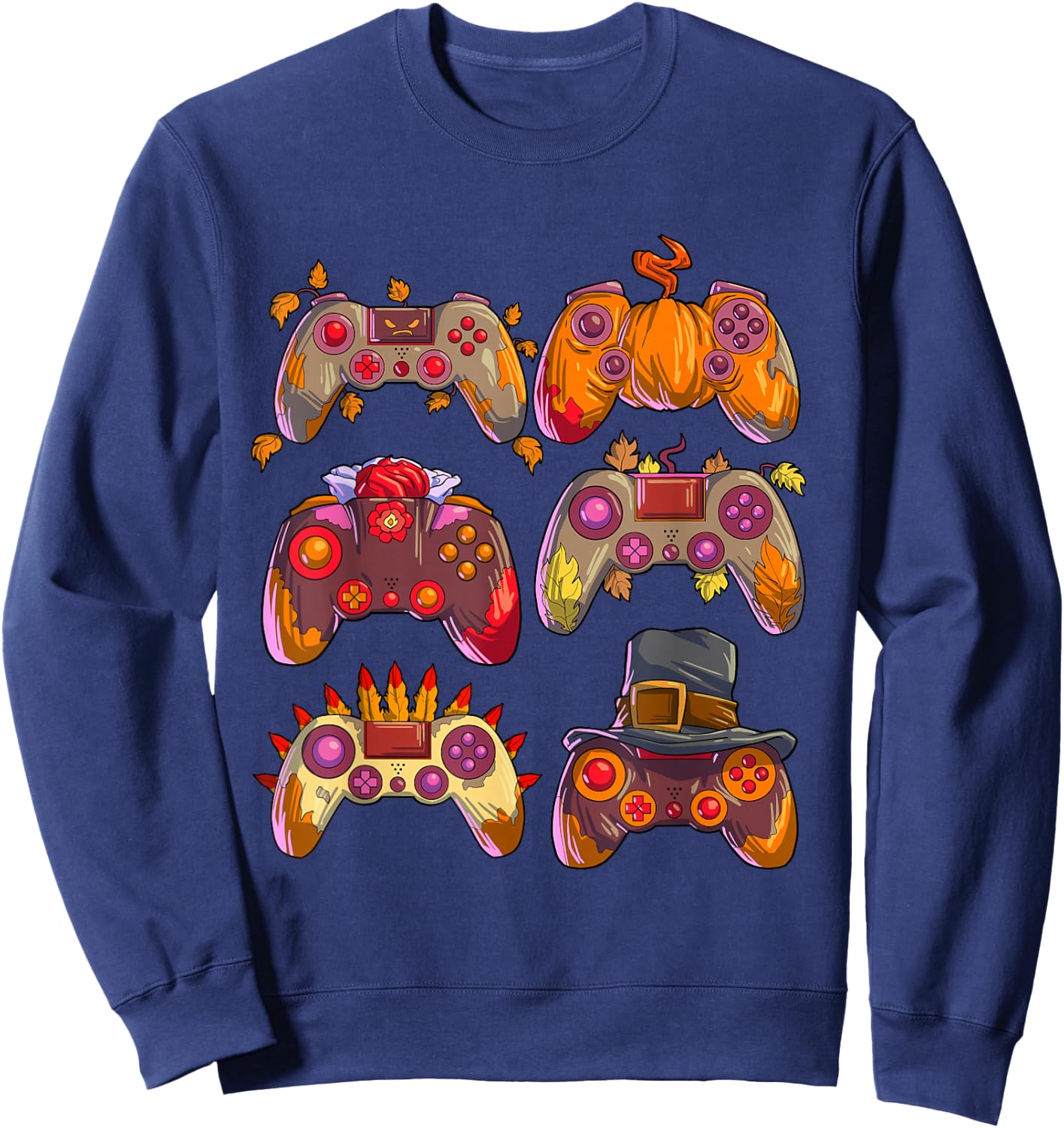 Gamer Thanksgiving Boys Gaming Controllers Turkey Pumpkin Sweatshirt - Sweatshirt | Navy
