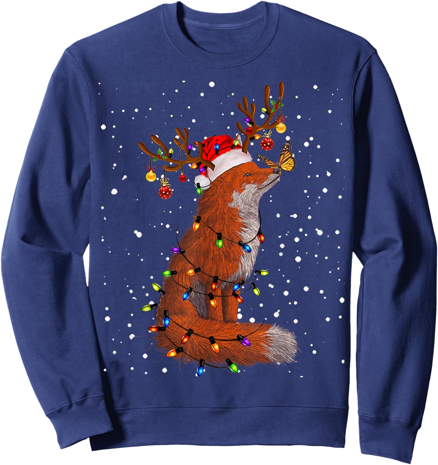 Santa Fox Tangled Up In Christmas Tree Lights Foxes Lover PJ Sweatshirt - Sweatshirt | Navy
