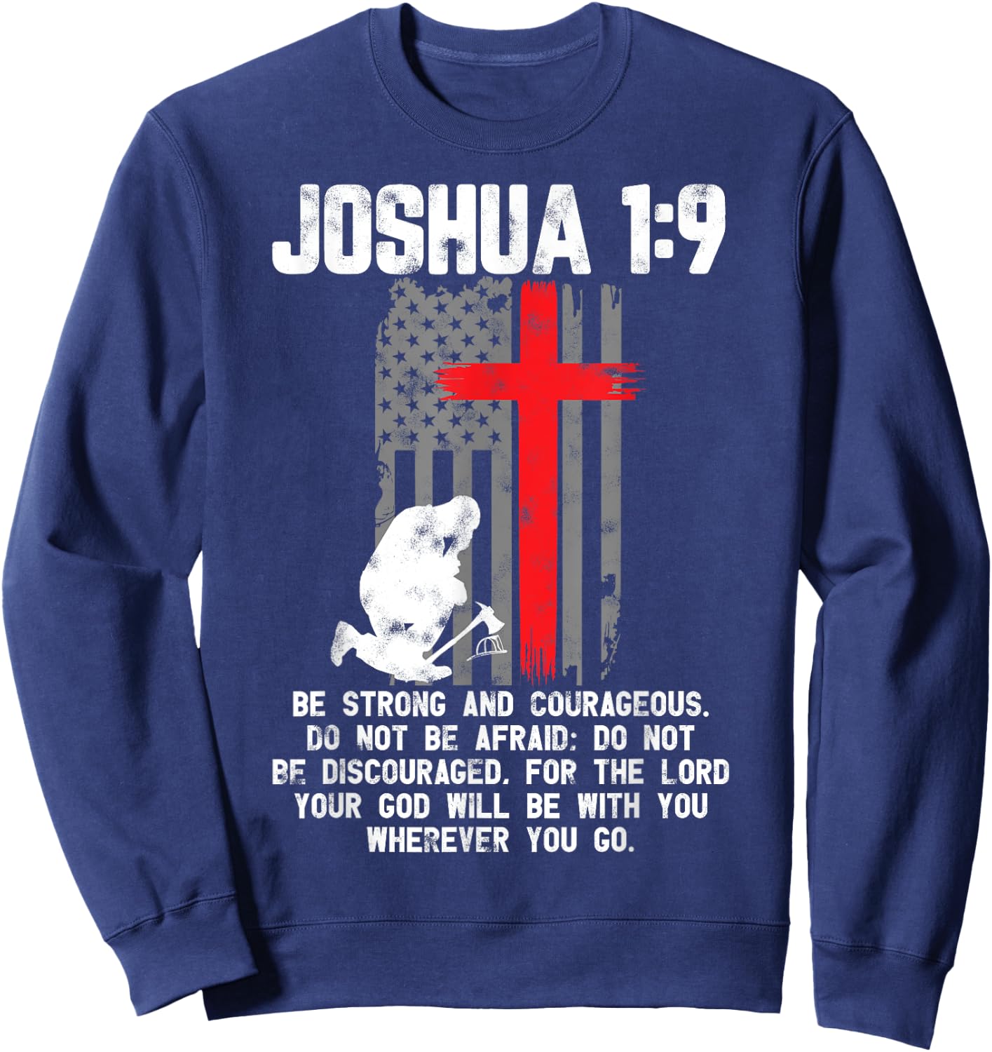 Thin Red Line Firefighter Cross Bible Verse Christian Sweatshirt - Sweatshirt | Navy