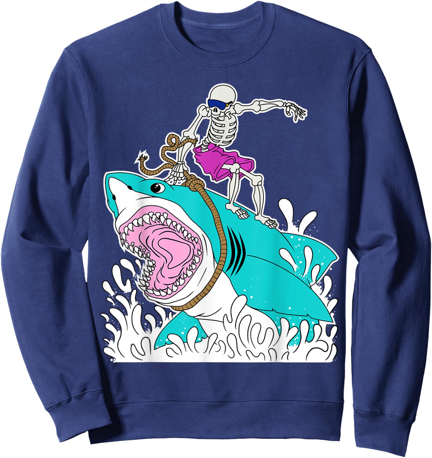 Funny Skeleton Surfing Shark Halloween Sweatshirt - Sweatshirt | Navy