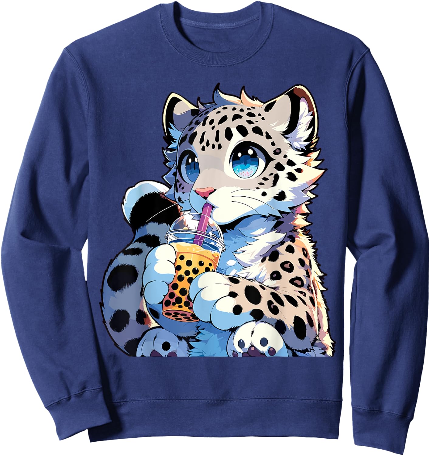 Kawaii Anime Snow Leopard Boba Tea Bubble Tea Sweatshirt - Sweatshirt | Navy