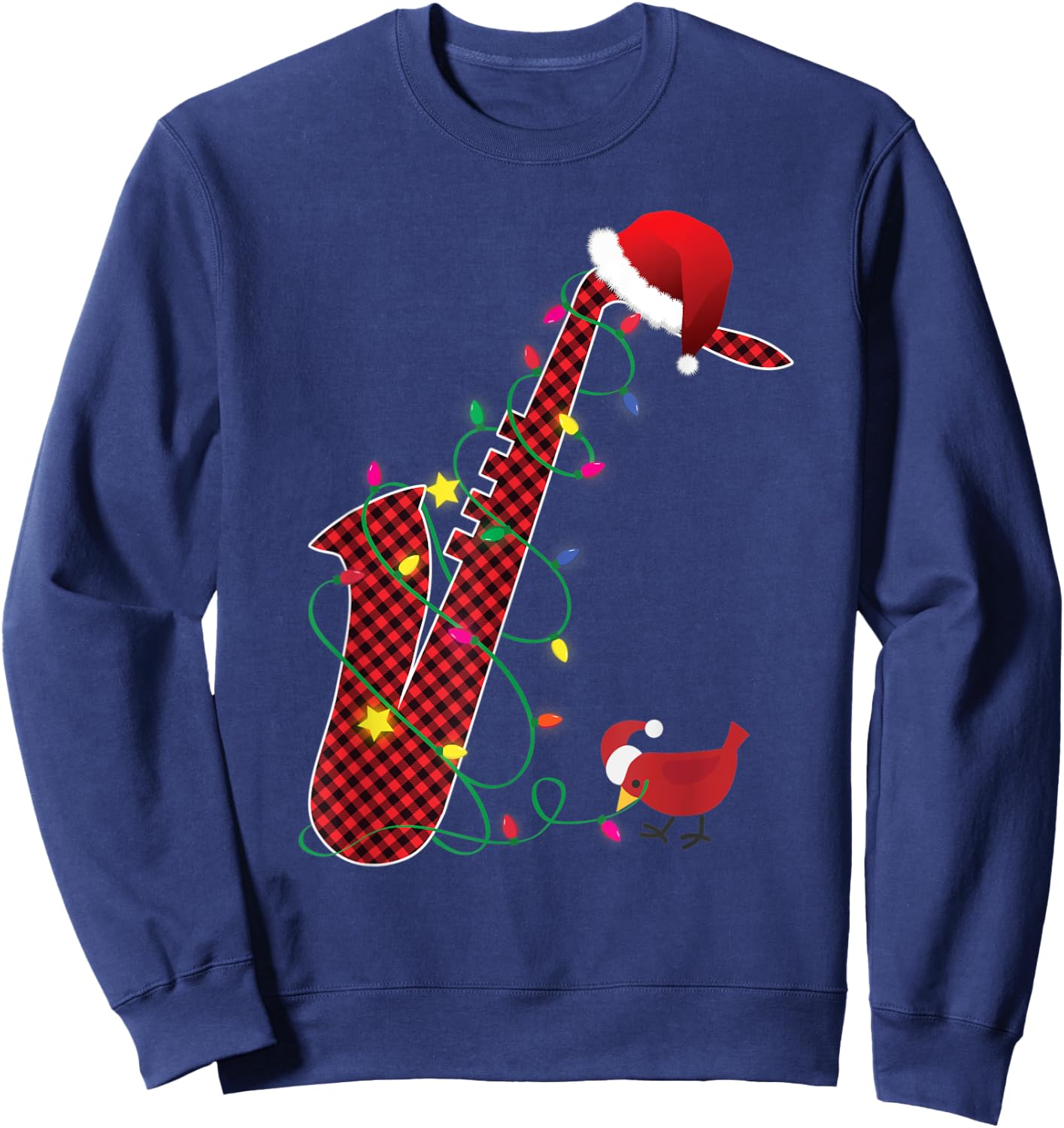 Red Buffalo Plaid Pajama Saxophone Lovers Christmas Lights Sweatshirt - Sweatshirt | Navy