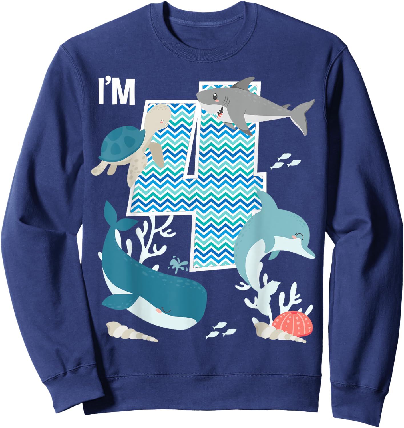 Kids 4 Year Old Ocean Life Whale Dolphin Shark 4th Birthday Sweatshirt - Sweatshirt | Navy