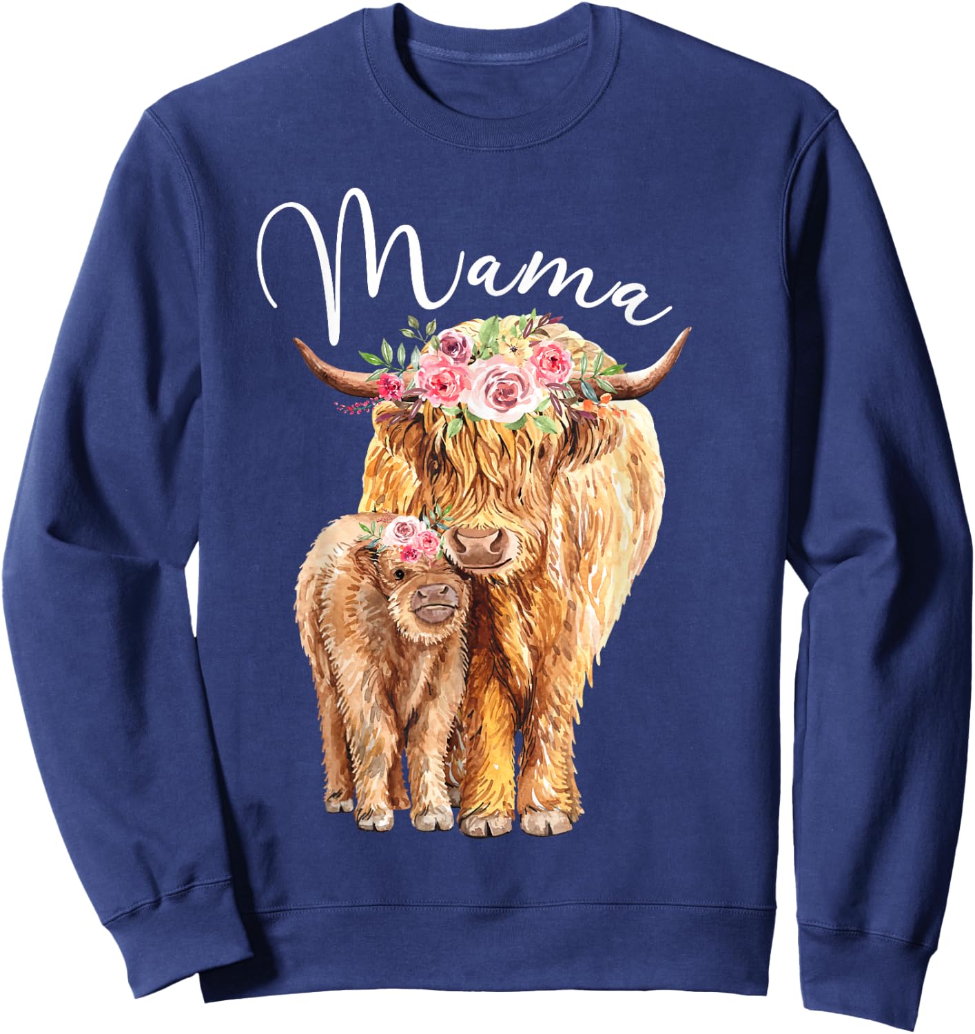 Mama Highland Cow With Baby Calf Floral Mothers Day Mom Gift Sweatshirt - Sweatshirt | Navy