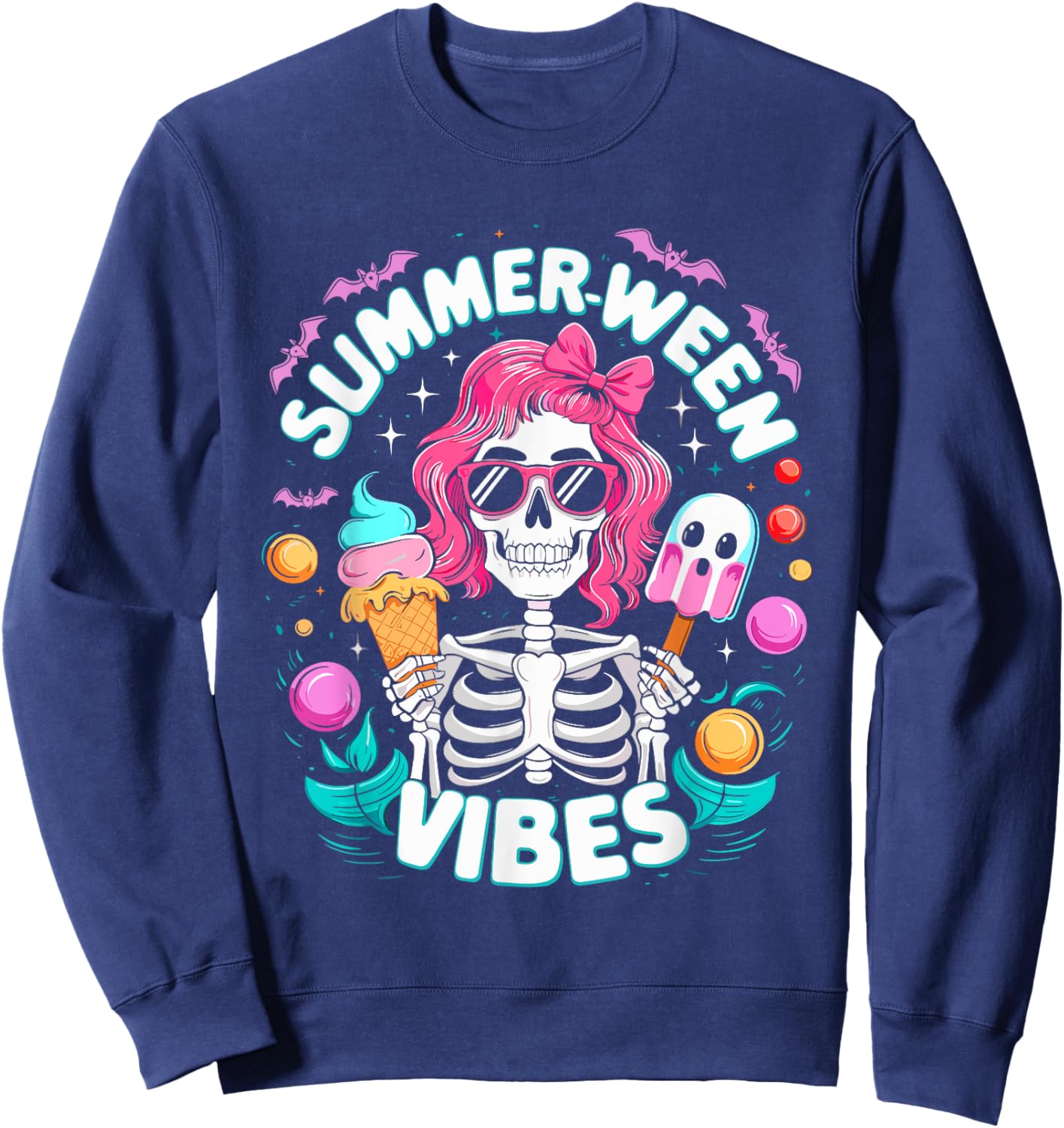 Summerween Vibes Skeleton Spooky Vacation Halloween Summer Sweatshirt - Sweatshirt | Navy
