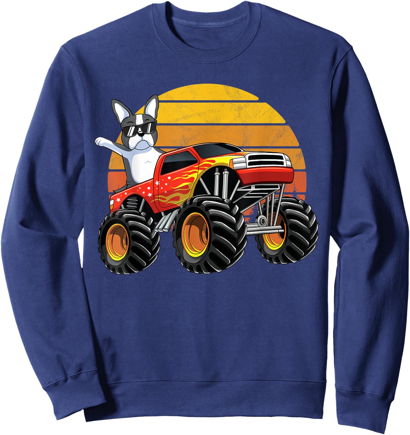 Monster Truck Boston Terrier Dog Retro Sunset Boys Kids Gift Sweatshirt - Sweatshirt | Navy