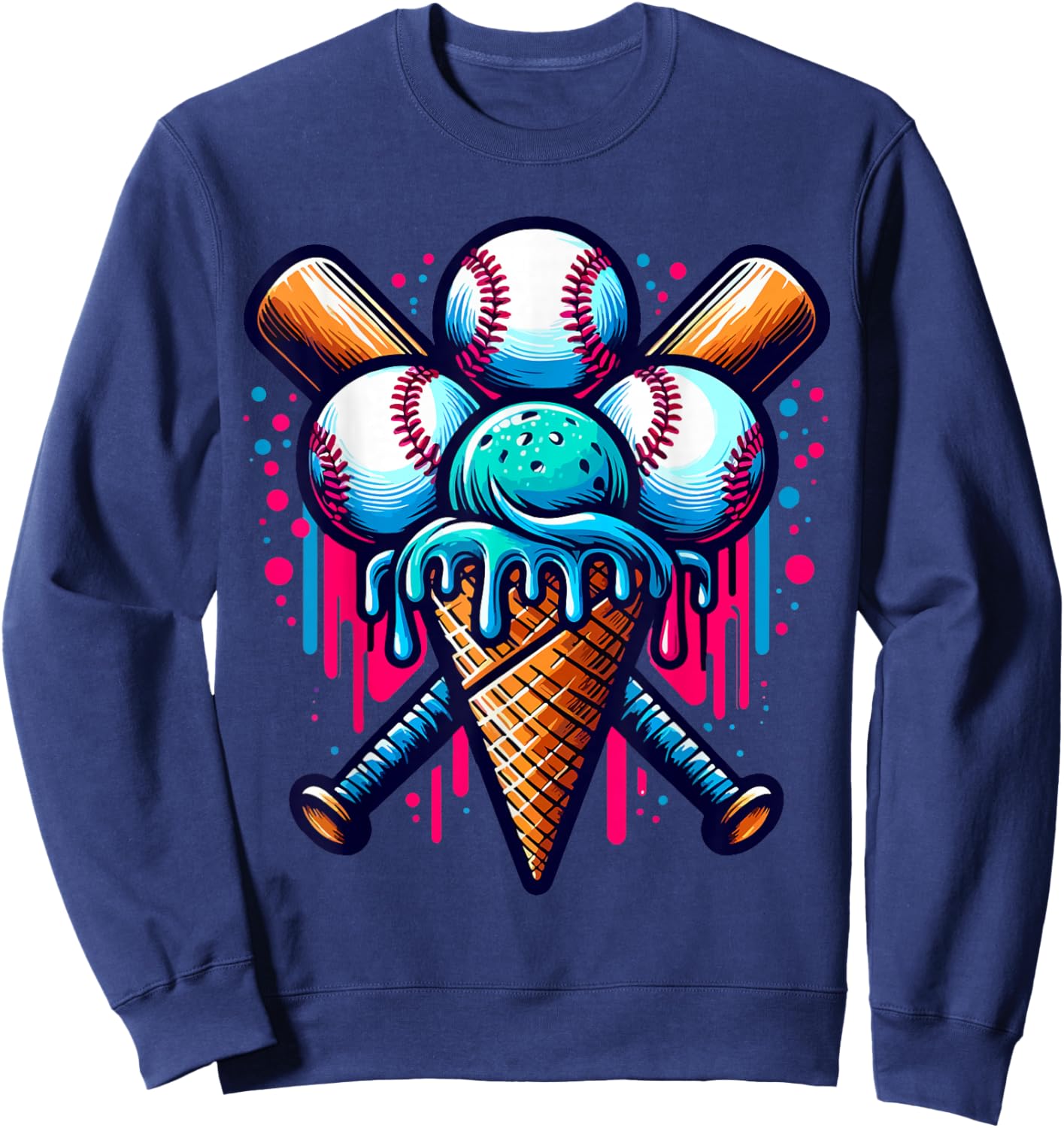 Baseball Ice Cream Watercolor Sports Lover Ice Cream Cone Sweatshirt - Sweatshirt | Navy