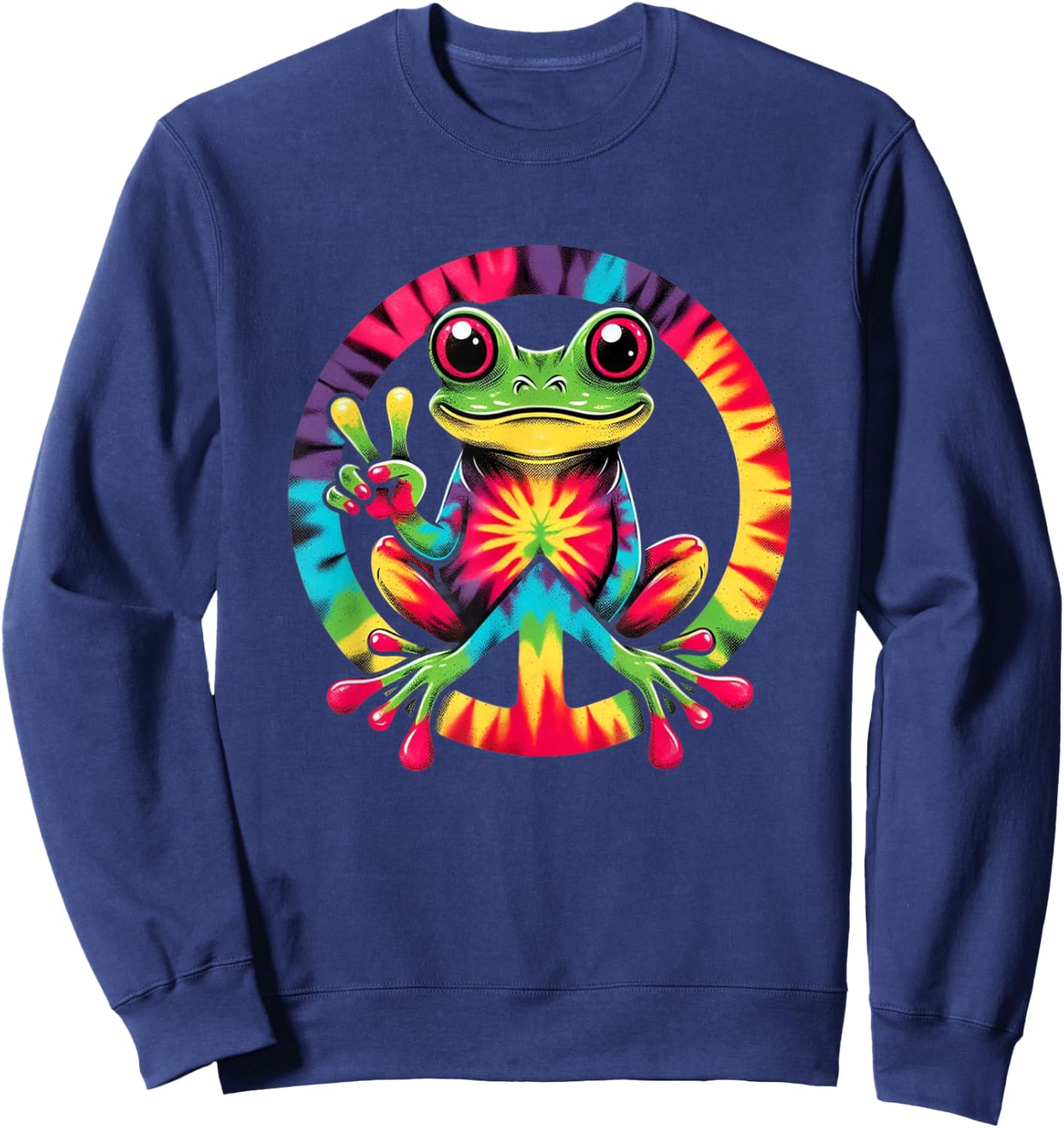Colorful Tie Dye Collection Tie-Dye Frog Holding Peace Sign Funny Hippie Sweatshirt - Sweatshirt | Navy