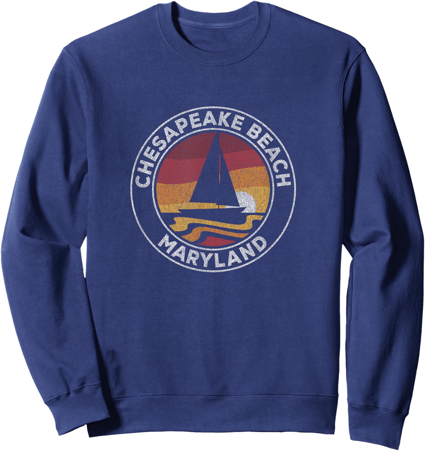Chesapeake Beach Maryland Vintage Sailboat 70s Retro Sunset Sweatshirt - Sweatshirt | Navy
