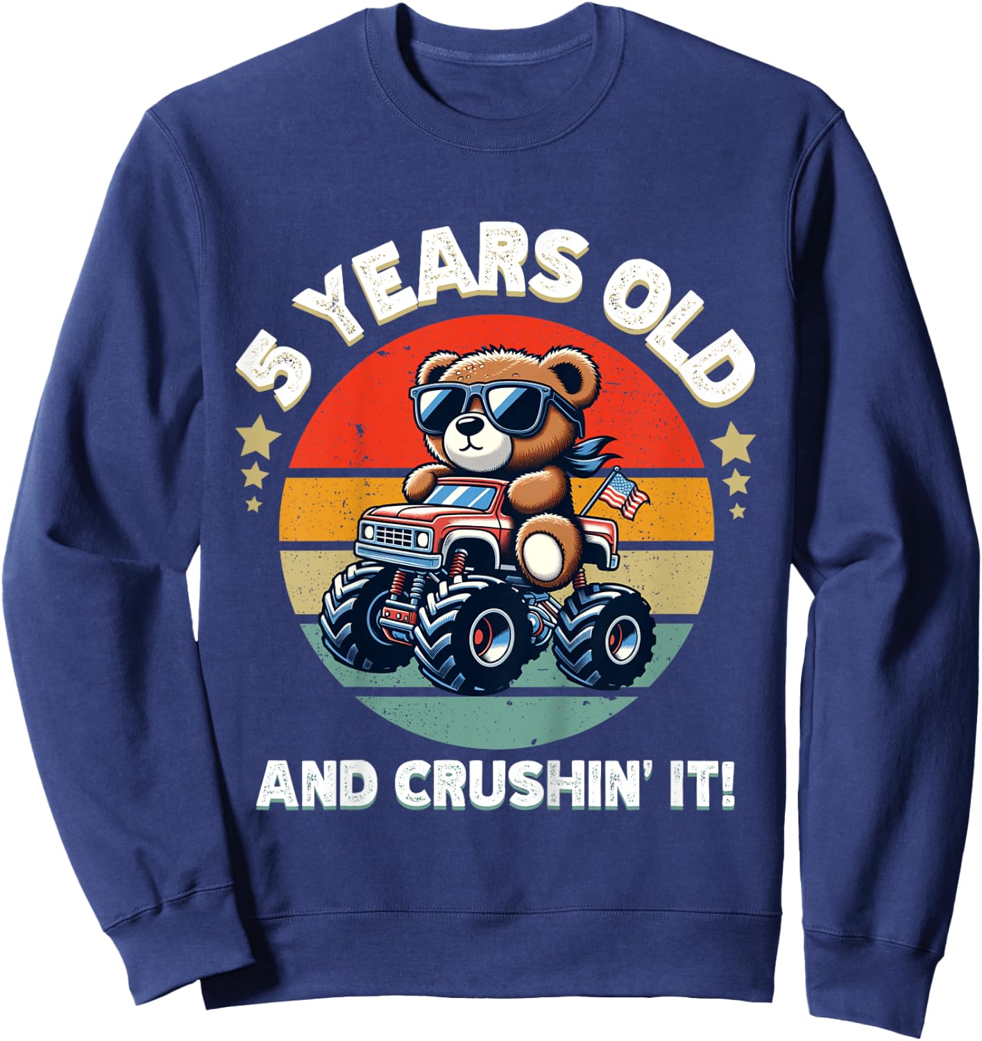 Kids Retro 5th Birthday Monster Truck Teddy Bear Crushin' It Boys Sweatshirt - Sweatshirt | Navy