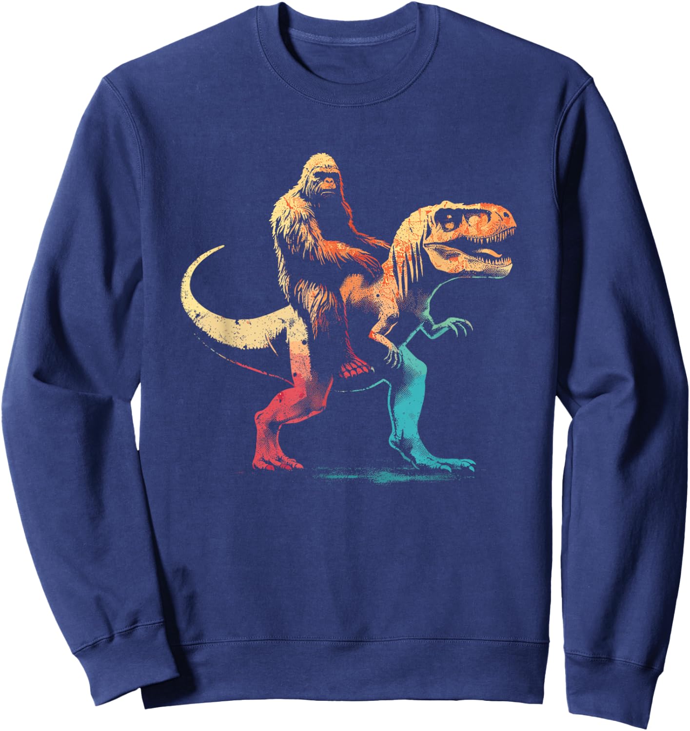 Bigfoot Riding A T-Rex - Funny Graphic Dino Sasquatch Lover Sweatshirt - Sweatshirt | Navy