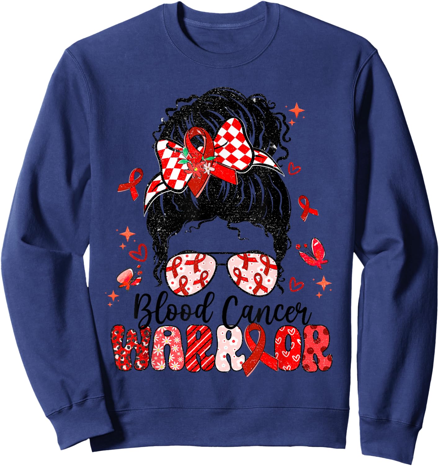 Warrior Messy Bun Red Ribbon Blood Cancer Awareness Sweatshirt - Sweatshirt | Navy
