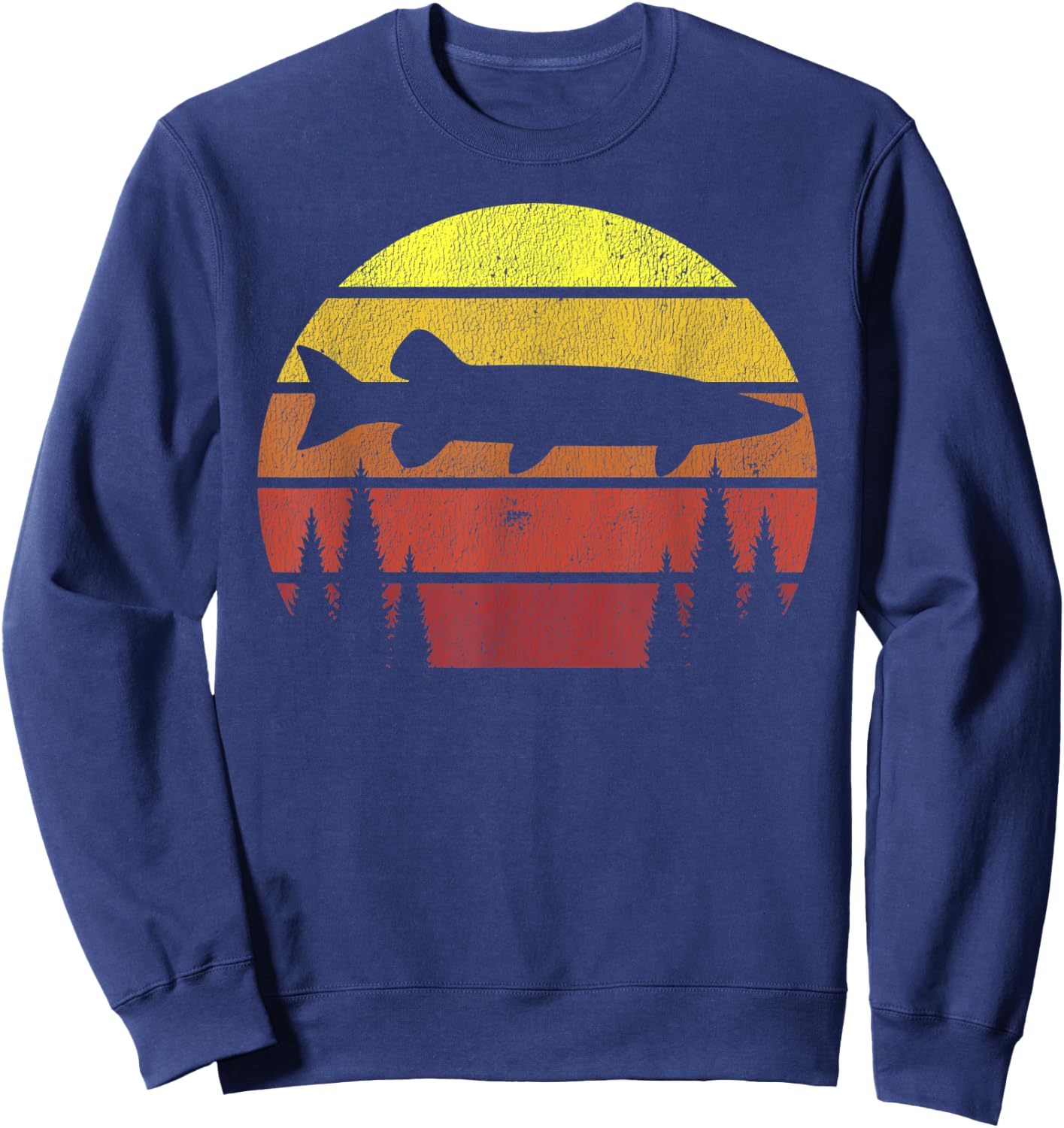 Musky Fishing Retro Muskie Forest Treeline - Fisherman Sweatshirt - Sweatshirt | Navy