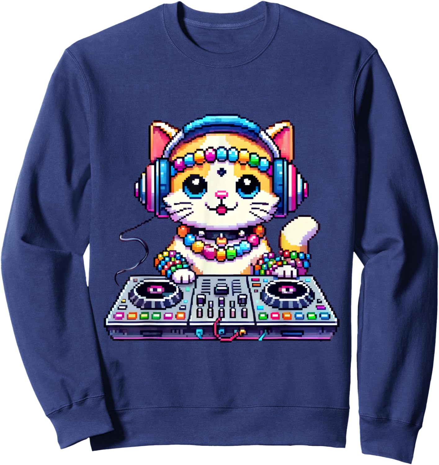 Funny Graphic Pixel Kandi DJ Cat Festival Rave EDM Party EDC Women Sweatshirt - Sweatshirt | Navy