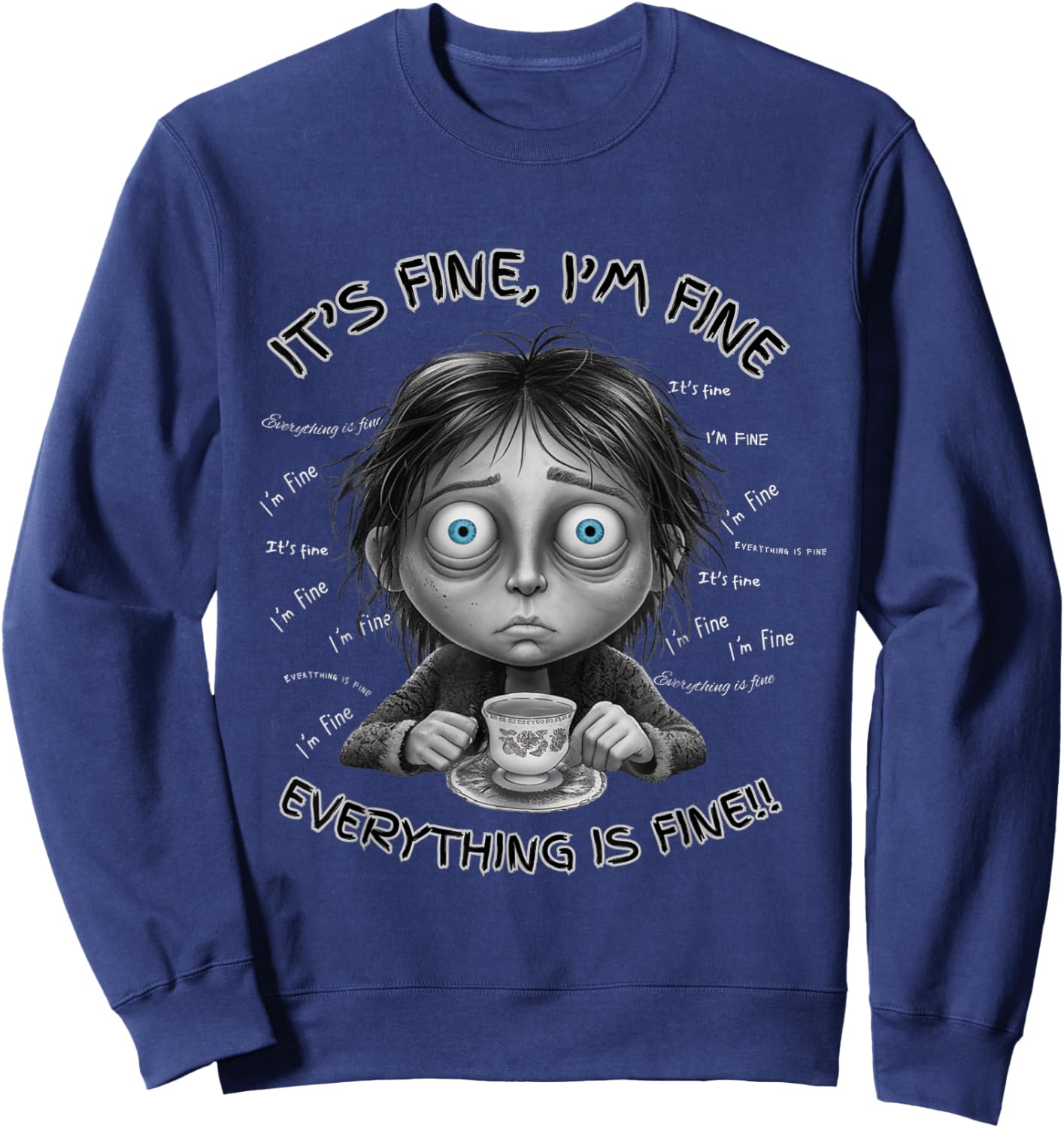 Exhausted Parent Funny Moody Coffee Chaos Cartoon Design Sweatshirt - Sweatshirt | Navy
