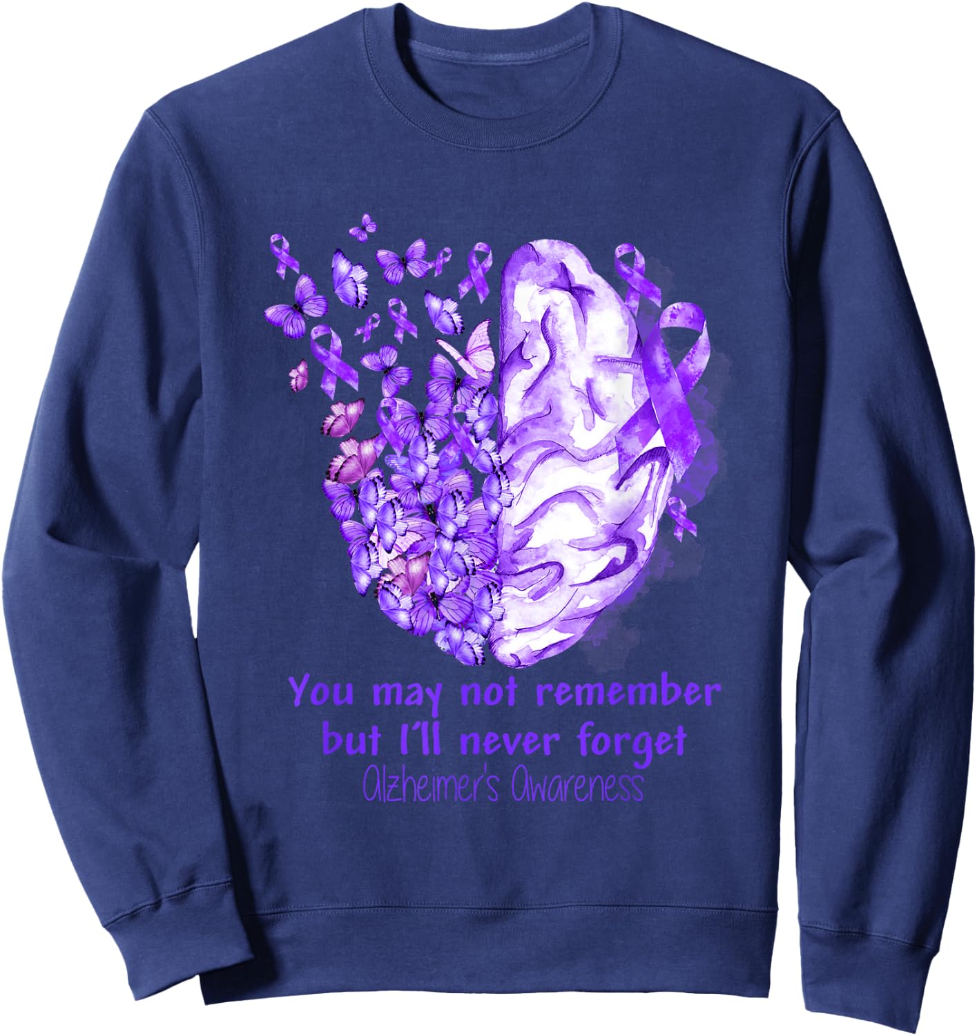 Alzheimer's awareness, Dementia gift, Purple Butterfiles Sweatshirt - Sweatshirt | Navy