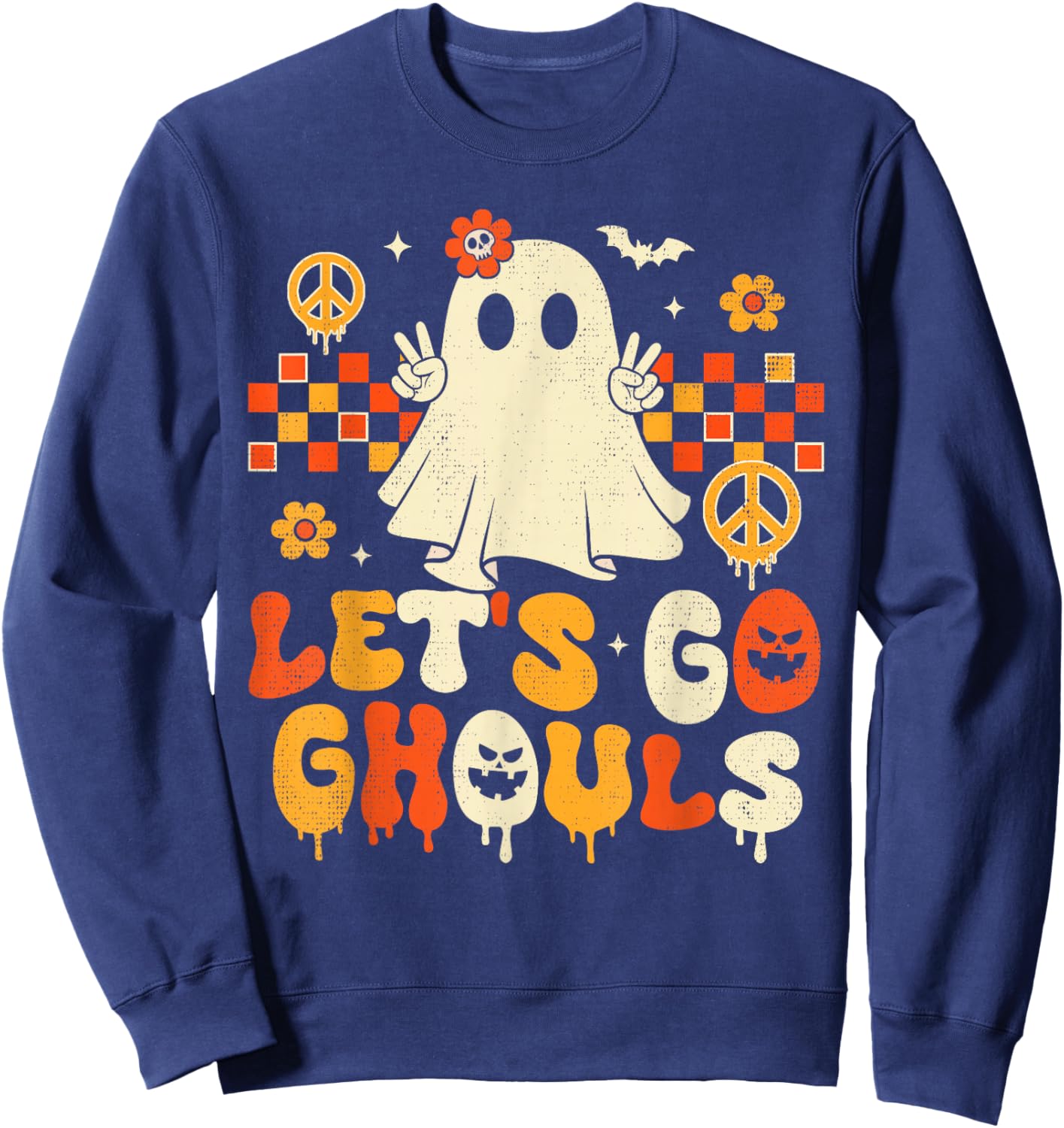 Halloween Lets Go Ghouls Ghost Retro Groovy Women Girl Kids Sweatshirt - Sweatshirt | Navy