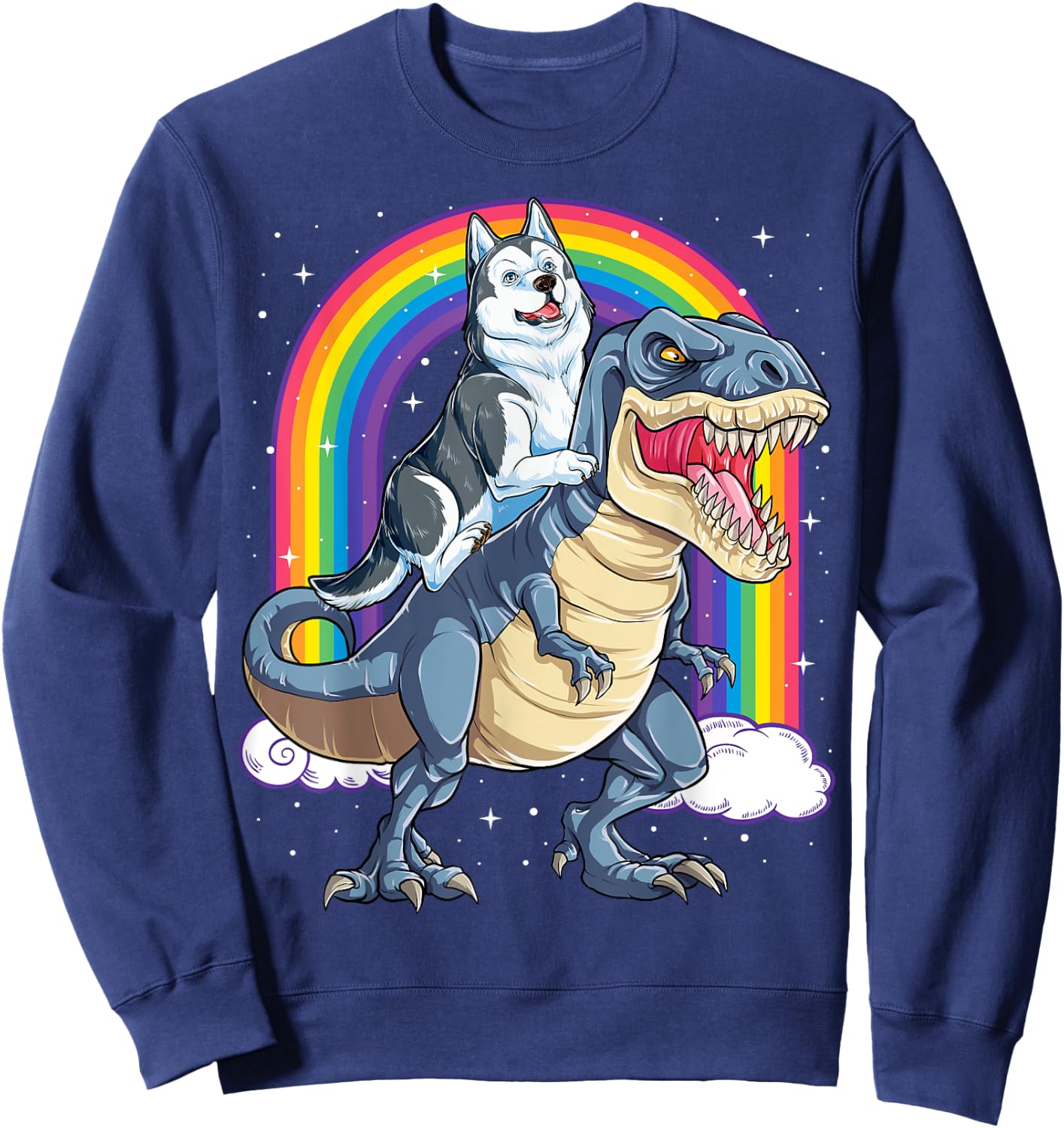Siberian Husky Riding Dinosaur T-rex Gifts Boys Kids Rainbow Sweatshirt - Sweatshirt | Navy