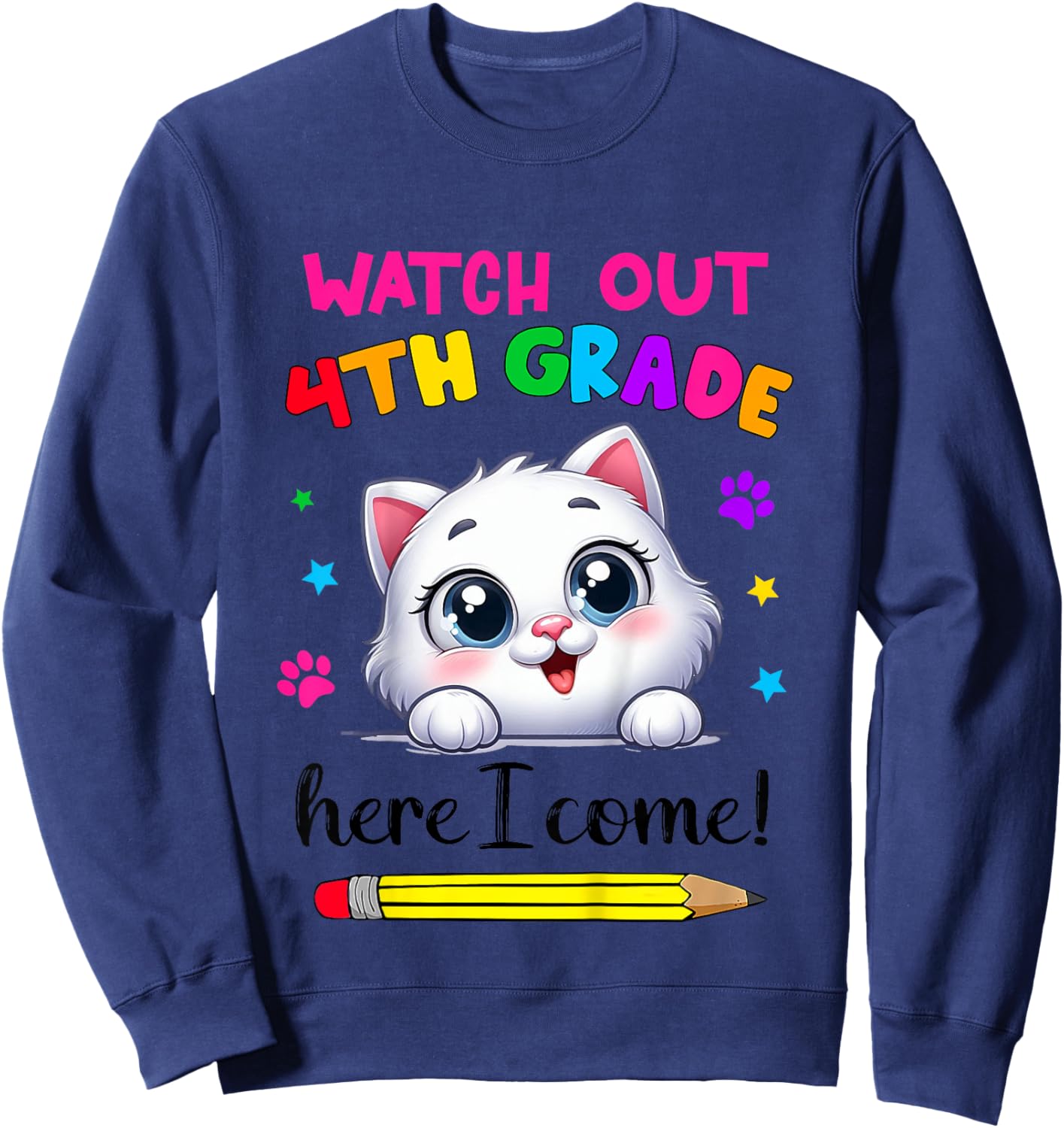 Kids Watch Out 4th Grade Here I Come Girls Cat Back To School Sweatshirt - Sweatshirt | Navy