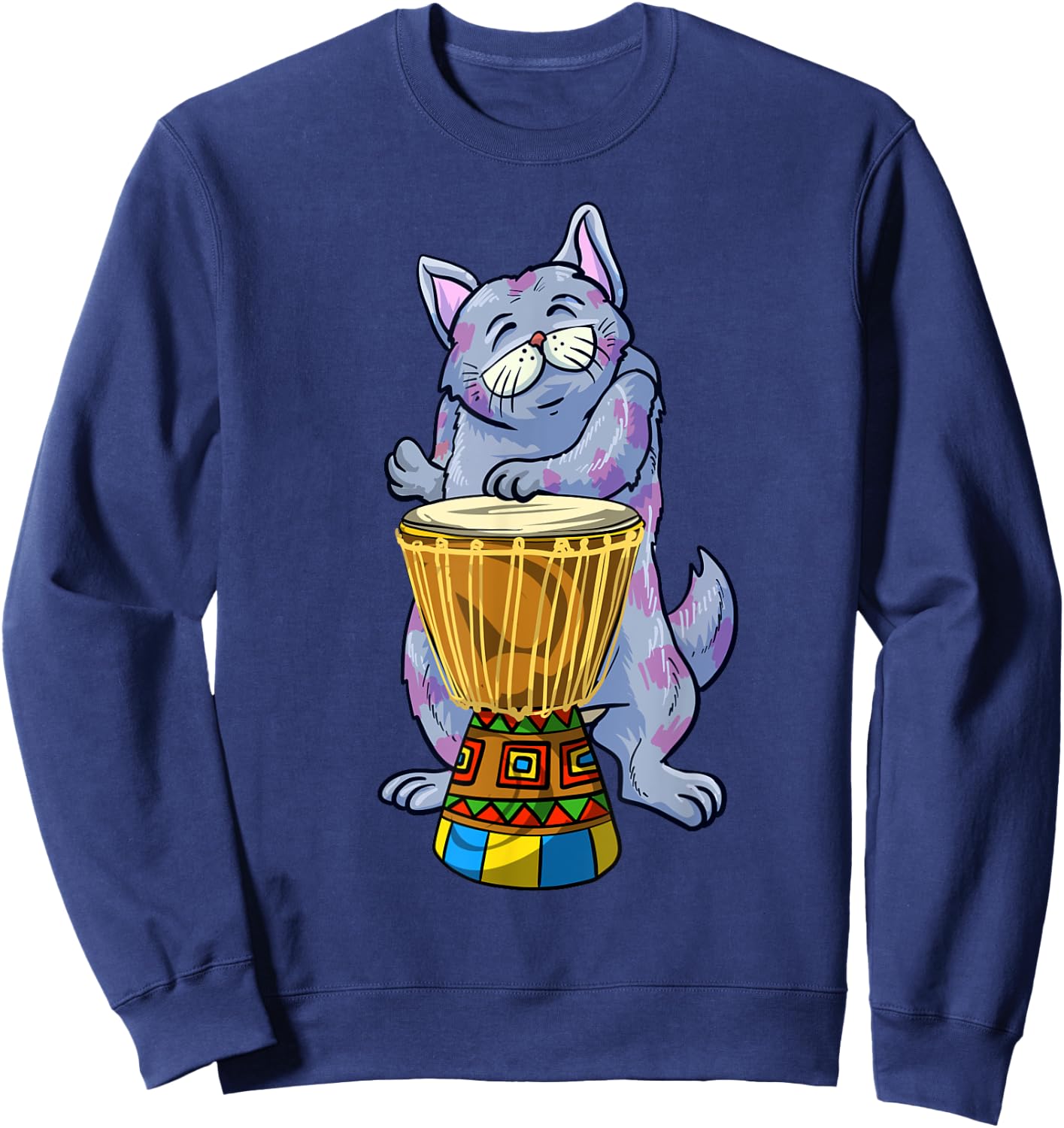 Funny Cat Playing Djembe Gift | Cute Kitten Musician Fan Sweatshirt - Sweatshirt | Navy