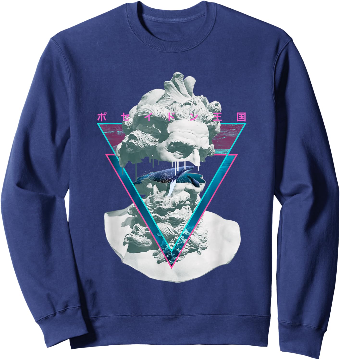 Vaporwave Poseiden Statue Bust Retro 80s King Of The Sea Art Sweatshirt - Sweatshirt | Navy