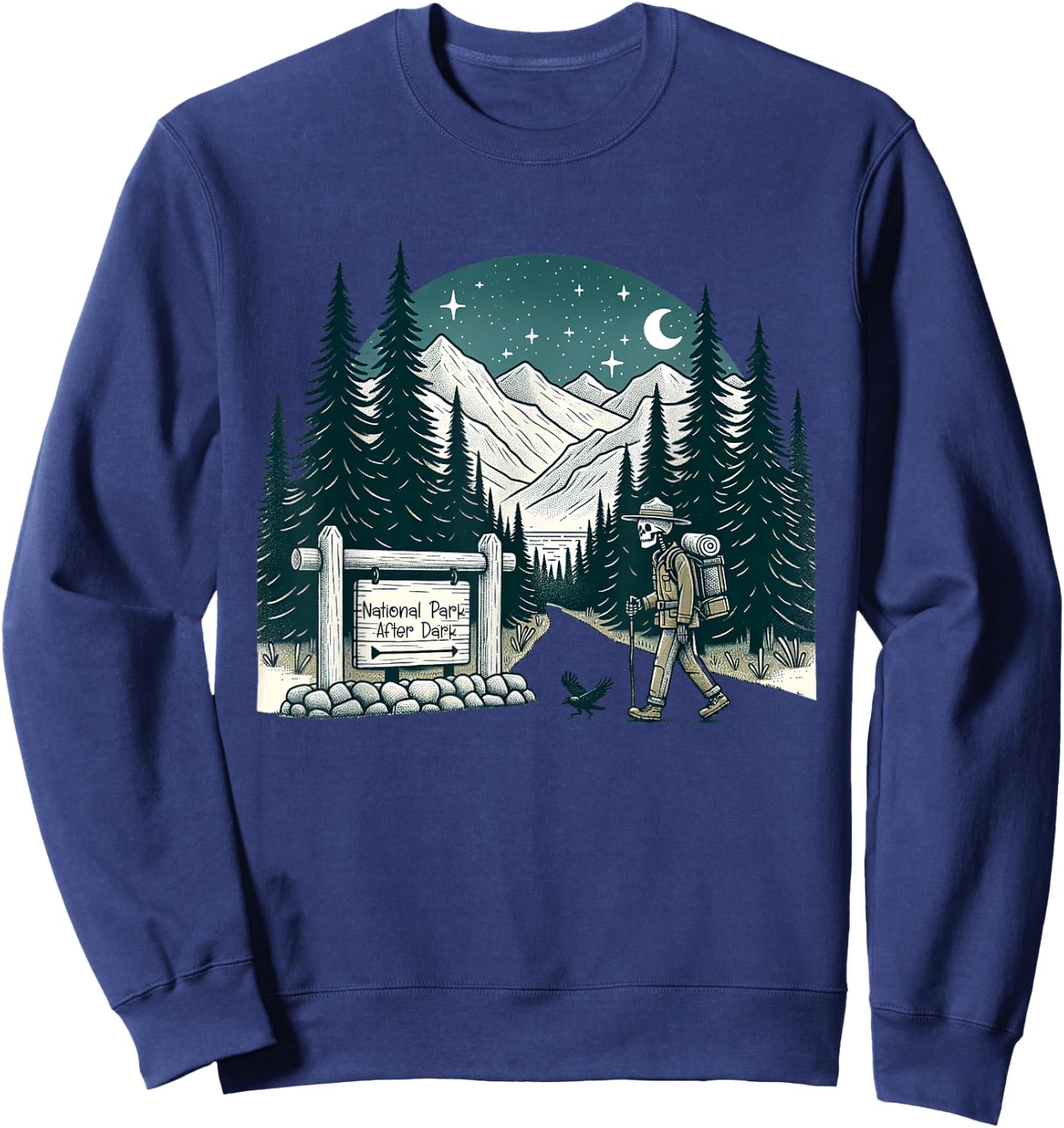 Vintage Retro National Park After Dark Skeleton Hiking Camping Outdoor , Small Sweatshirt - Sweatshirt | Navy