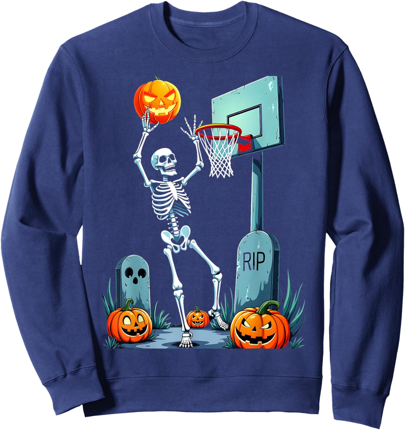 Halloween Basketball Skeleton Pumpkin Sweatshirt - Sweatshirt | Navy
