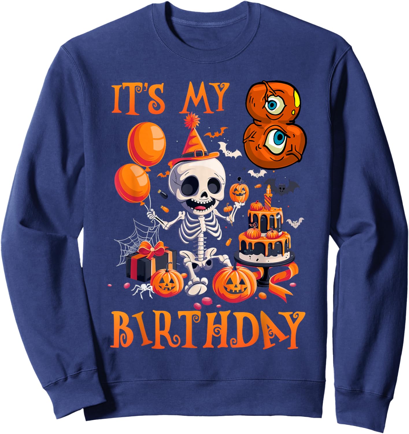 Kids Boo It's My 8th Birthday Halloween Skeleton 8 Years Old Sweatshirt - Sweatshirt | Navy