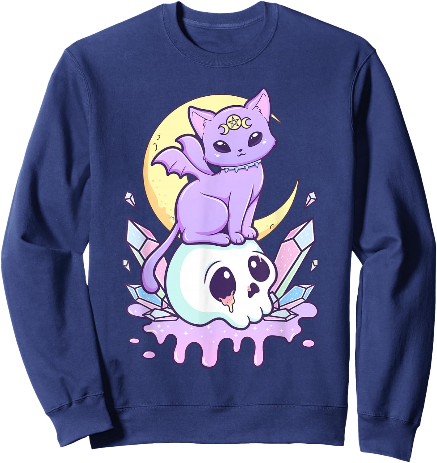 Kawaii Pastel Goth Cute Scary Witchy Cat and Skull Sweatshirt - Sweatshirt | Navy